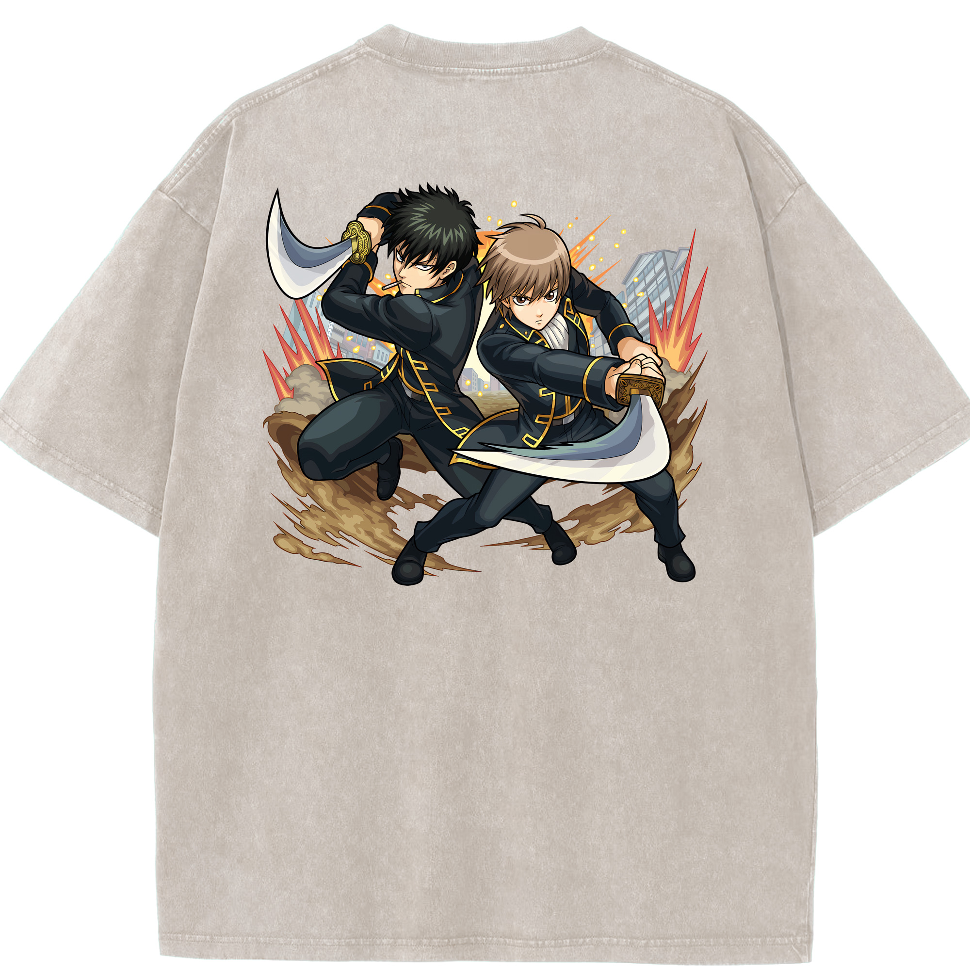 （画像用） ぎんたま 坂田銀時（さかたぎんとき） 神楽 志村新八（しむら しんぱち） GINTAMA Sakata Gintoki Kagura Shimura Shinpachi 綿100% ヴィンテージ風 半袖Tシャツ（背面プリント）
