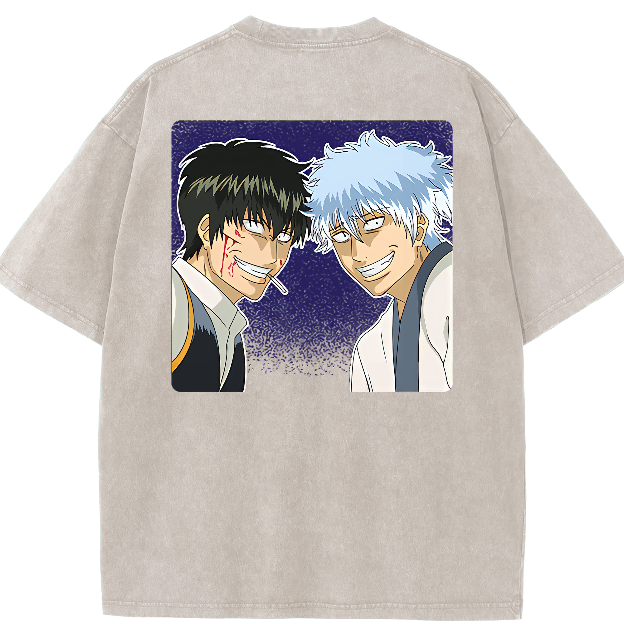 （画像用） ぎんたま 坂田銀時（さかたぎんとき） 神楽 志村新八（しむら しんぱち） GINTAMA Sakata Gintoki Kagura Shimura Shinpachi 綿100% ヴィンテージ風 半袖Tシャツ（背面プリント）