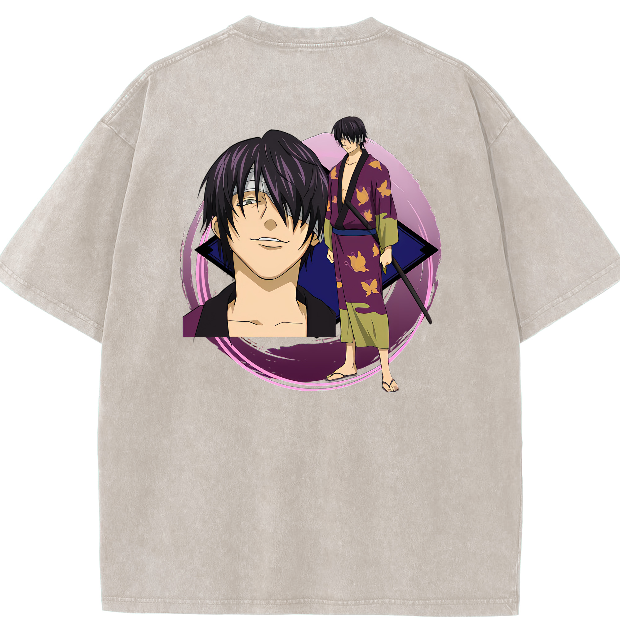 （画像用） ぎんたま 坂田銀時（さかたぎんとき） 神楽 志村新八（しむら しんぱち） GINTAMA Sakata Gintoki Kagura Shimura Shinpachi 綿100% ヴィンテージ風 半袖Tシャツ（背面プリント）