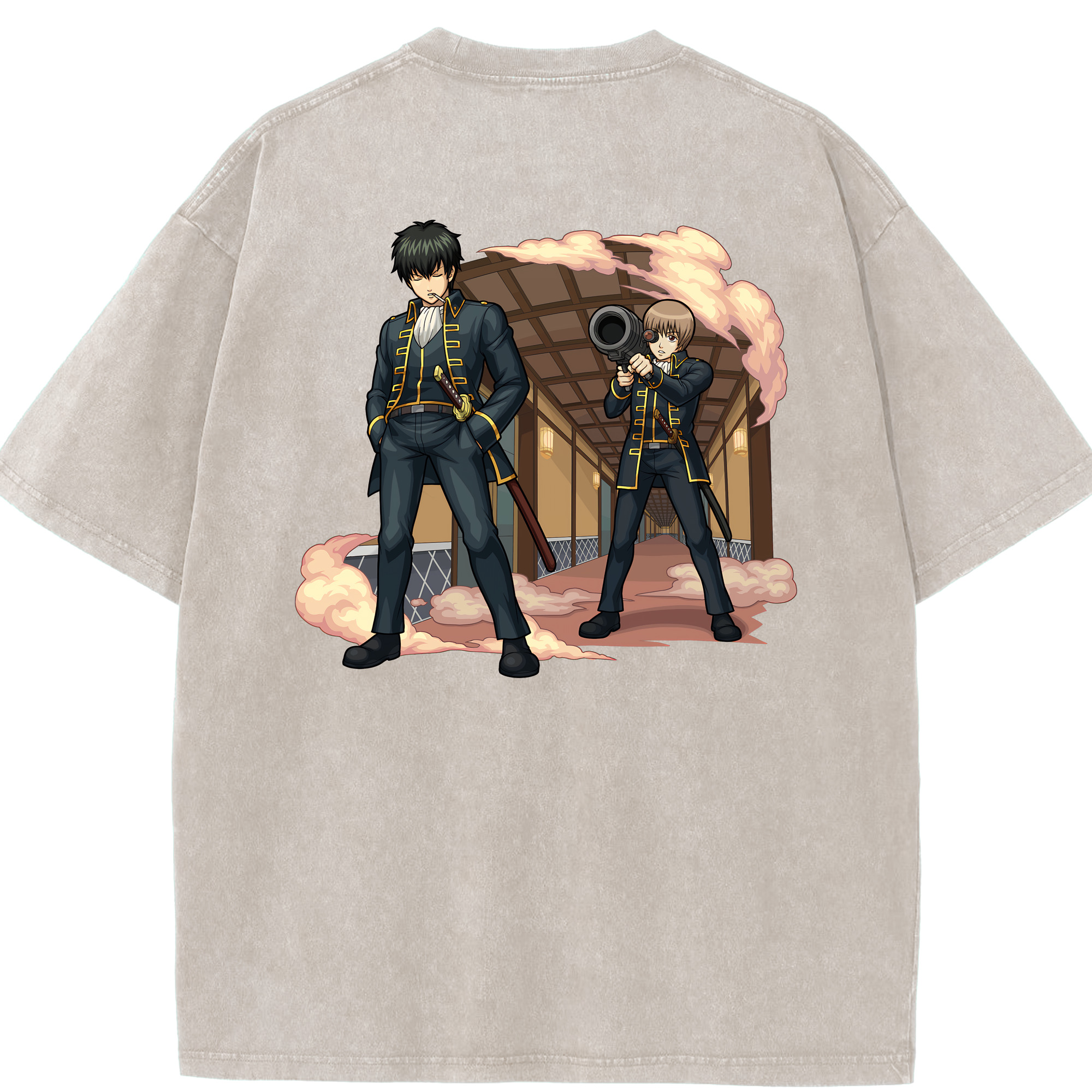 （画像用） ぎんたま 坂田銀時（さかたぎんとき） 神楽 志村新八（しむら しんぱち） GINTAMA Sakata Gintoki Kagura Shimura Shinpachi 綿100% ヴィンテージ風 半袖Tシャツ（背面プリント）