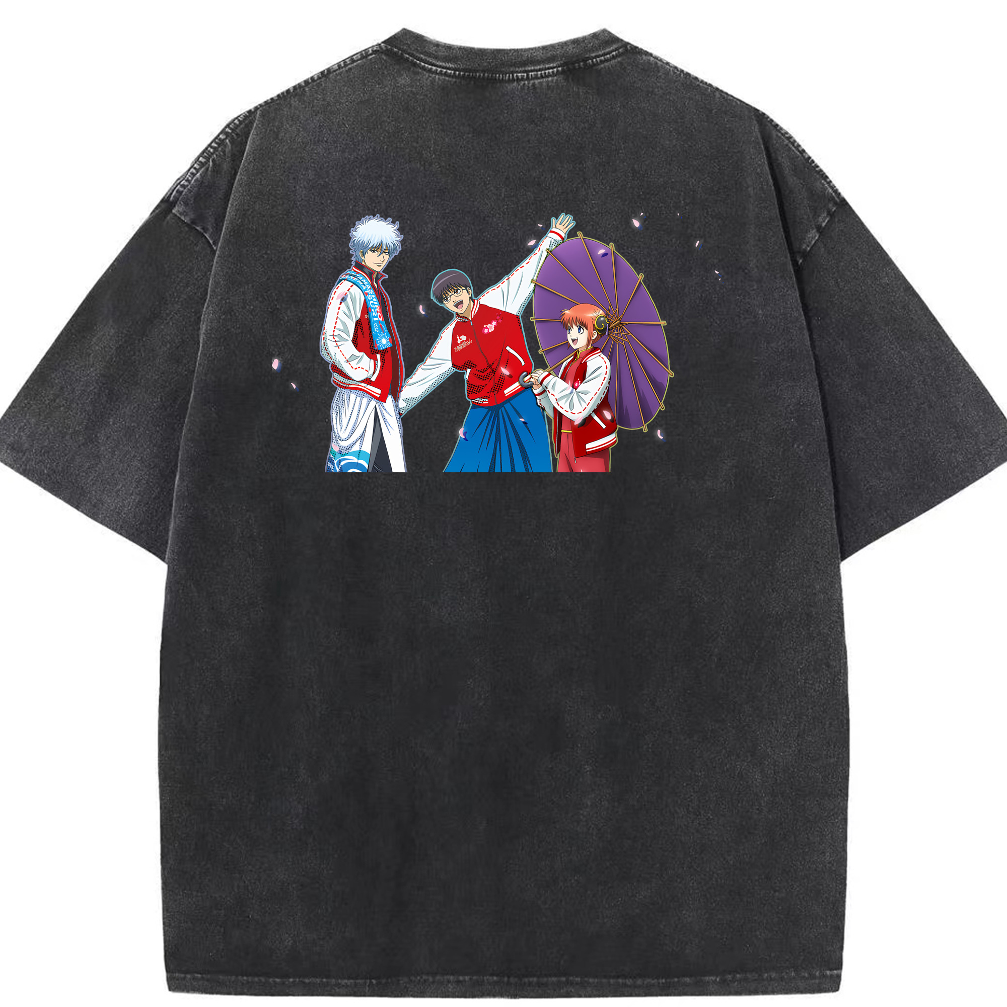 （画像用） ぎんたま 坂田銀時（さかたぎんとき） 神楽 志村新八（しむら しんぱち） GINTAMA Sakata Gintoki Kagura Shimura Shinpachi 綿100% ヴィンテージ風 半袖Tシャツ（背面プリント）