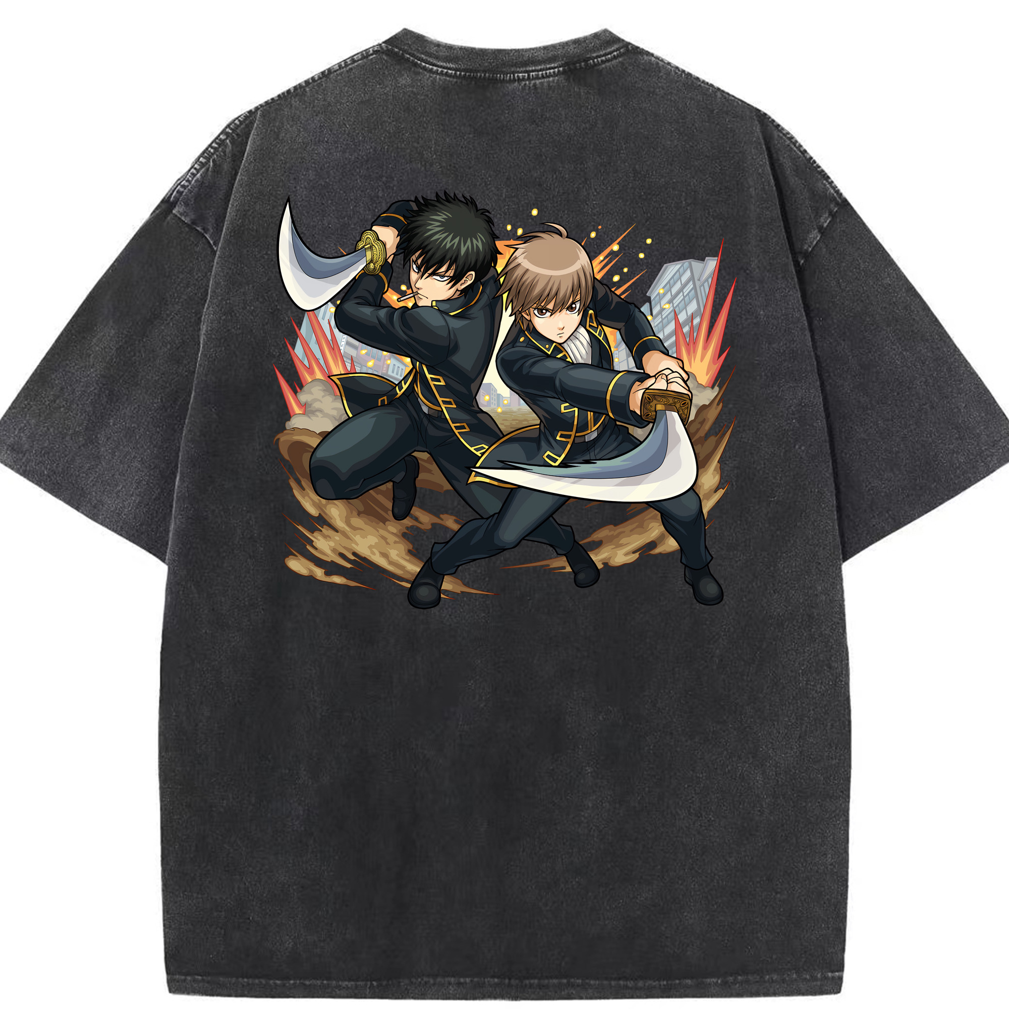 （画像用） ぎんたま 坂田銀時（さかたぎんとき） 神楽 志村新八（しむら しんぱち） GINTAMA Sakata Gintoki Kagura Shimura Shinpachi 綿100% ヴィンテージ風 半袖Tシャツ（背面プリント）