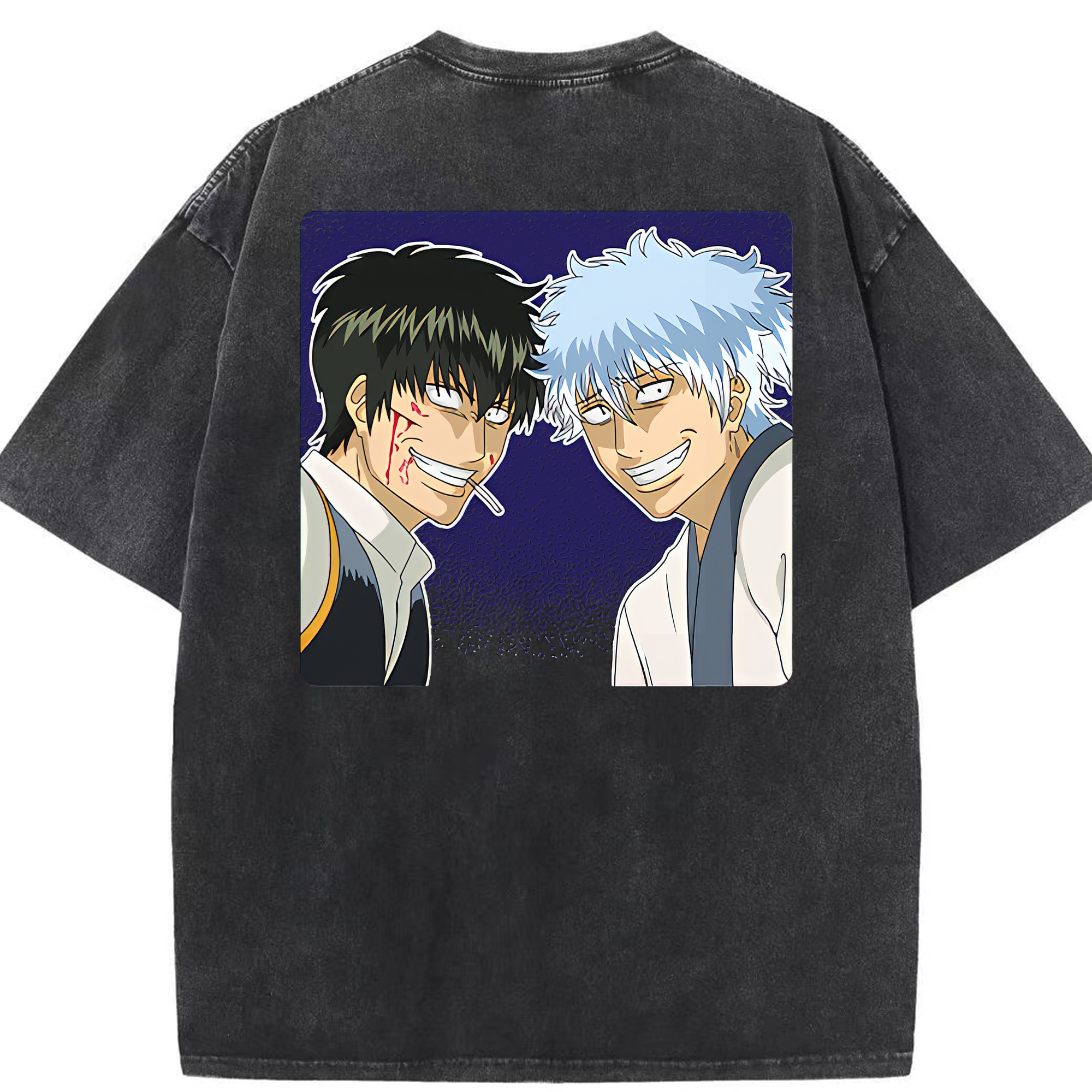 （画像用） ぎんたま 坂田銀時（さかたぎんとき） 神楽 志村新八（しむら しんぱち） GINTAMA Sakata Gintoki Kagura Shimura Shinpachi 綿100% ヴィンテージ風 半袖Tシャツ（背面プリント）