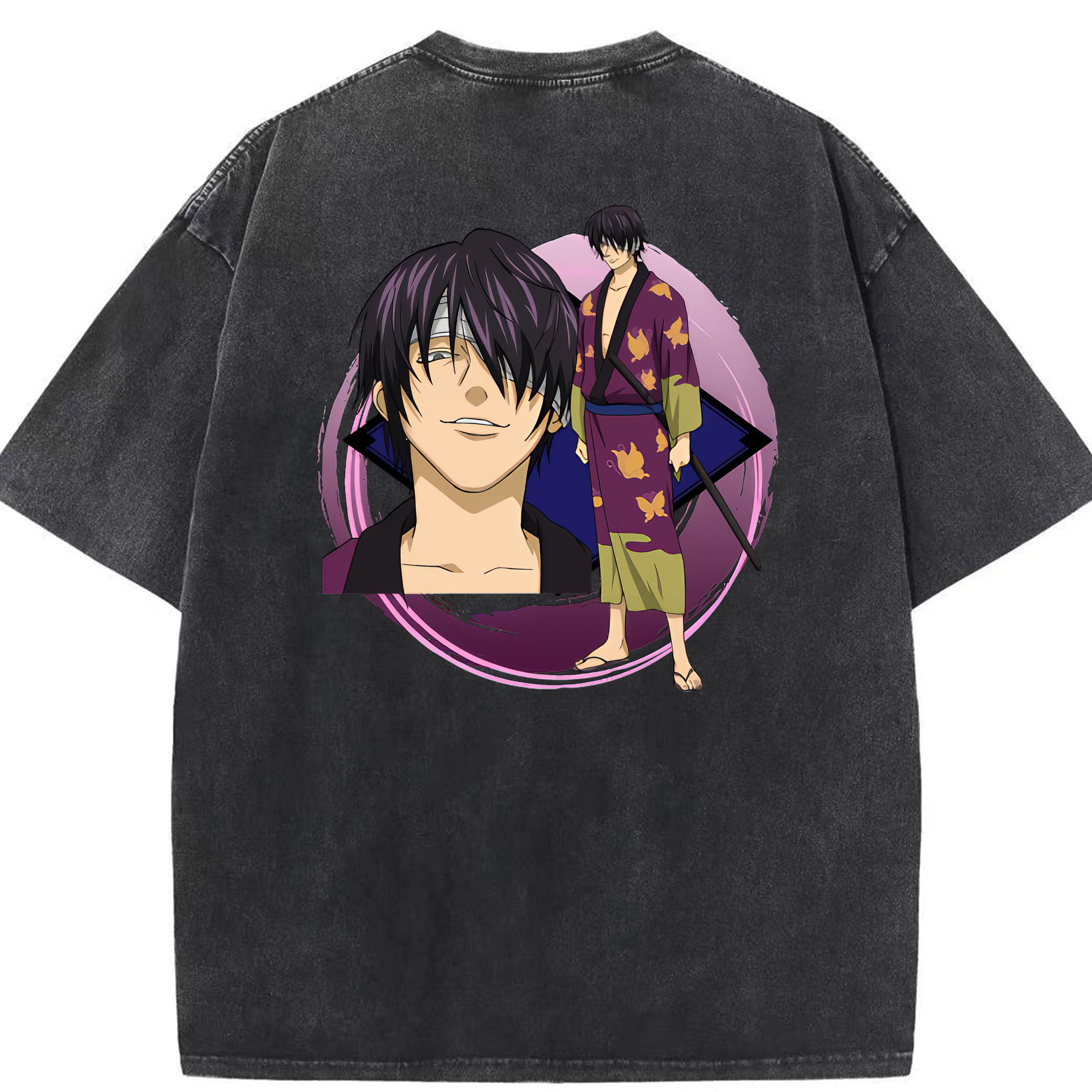 （画像用） ぎんたま 坂田銀時（さかたぎんとき） 神楽 志村新八（しむら しんぱち） GINTAMA Sakata Gintoki Kagura Shimura Shinpachi 綿100% ヴィンテージ風 半袖Tシャツ（背面プリント）
