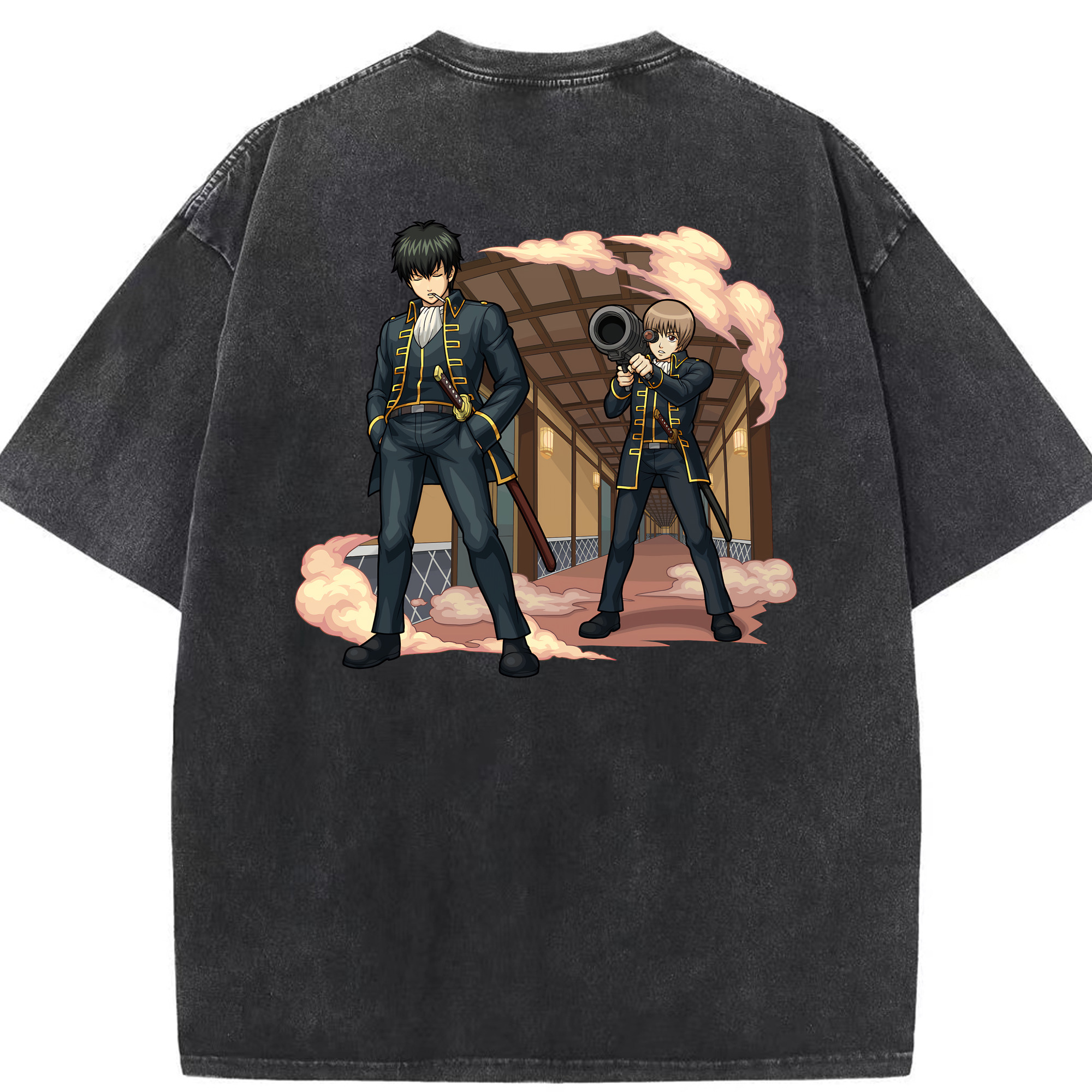 （画像用） ぎんたま 坂田銀時（さかたぎんとき） 神楽 志村新八（しむら しんぱち） GINTAMA Sakata Gintoki Kagura Shimura Shinpachi 綿100% ヴィンテージ風 半袖Tシャツ（背面プリント）
