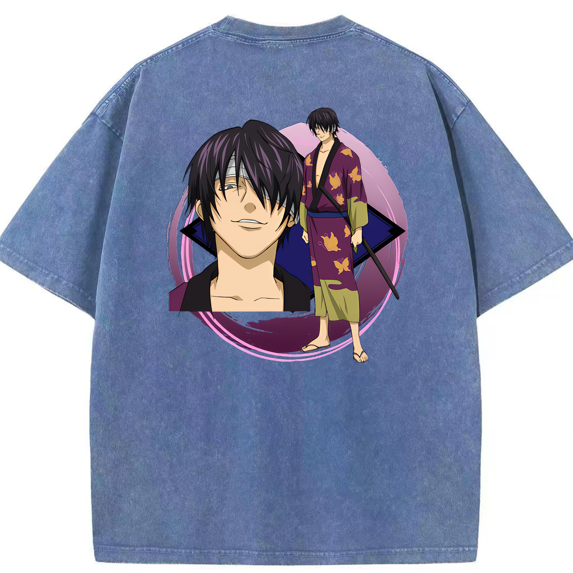 （画像用） ぎんたま 坂田銀時（さかたぎんとき） 神楽 志村新八（しむら しんぱち） GINTAMA Sakata Gintoki Kagura Shimura Shinpachi 綿100% ヴィンテージ風 半袖Tシャツ（背面プリント）