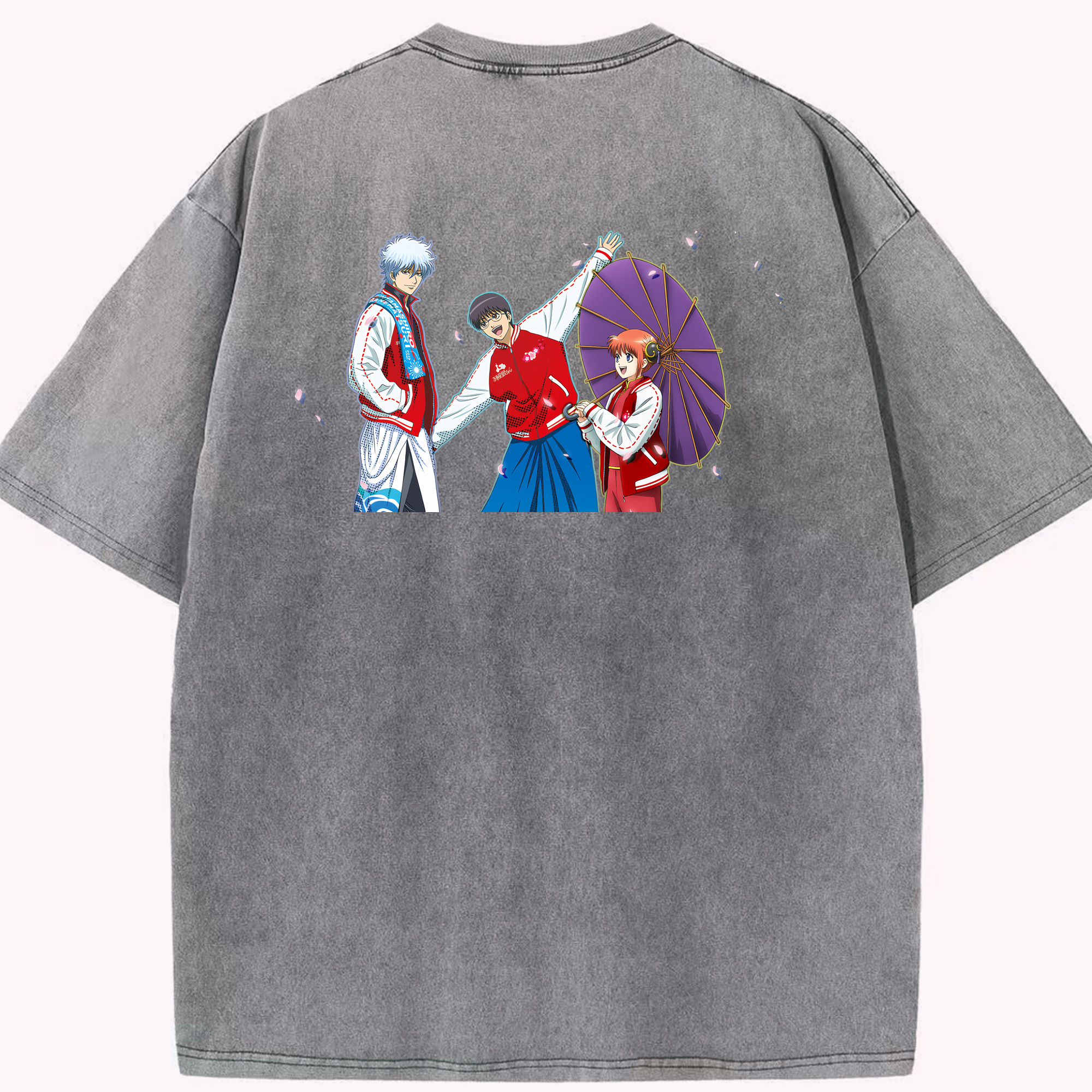 （画像用） ぎんたま 坂田銀時（さかたぎんとき） 神楽 志村新八（しむら しんぱち） GINTAMA Sakata Gintoki Kagura Shimura Shinpachi 綿100% ヴィンテージ風 半袖Tシャツ（背面プリント）