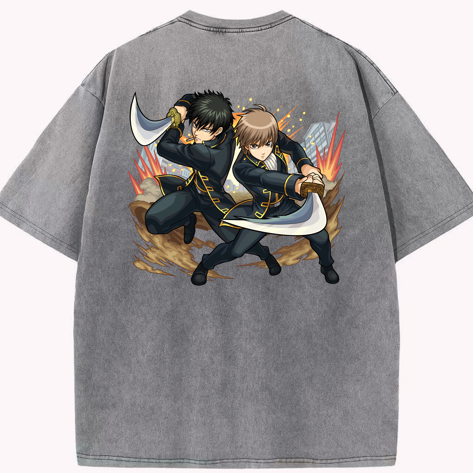 （画像用） ぎんたま 坂田銀時（さかたぎんとき） 神楽 志村新八（しむら しんぱち） GINTAMA Sakata Gintoki Kagura Shimura Shinpachi 綿100% ヴィンテージ風 半袖Tシャツ（背面プリント）