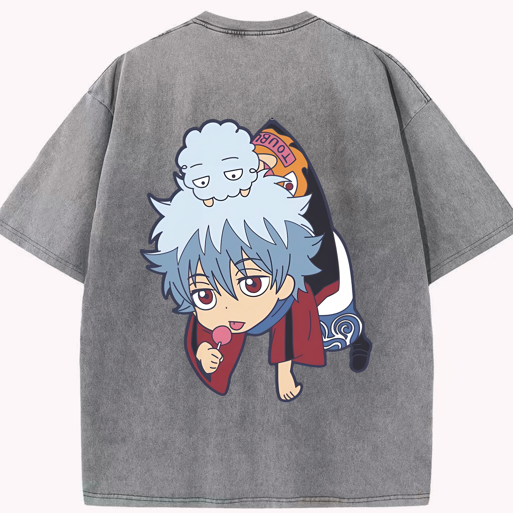 （画像用） ぎんたま 坂田銀時（さかたぎんとき） 神楽 志村新八（しむら しんぱち） GINTAMA Sakata Gintoki Kagura Shimura Shinpachi 綿100% ヴィンテージ風 半袖Tシャツ（背面プリント）