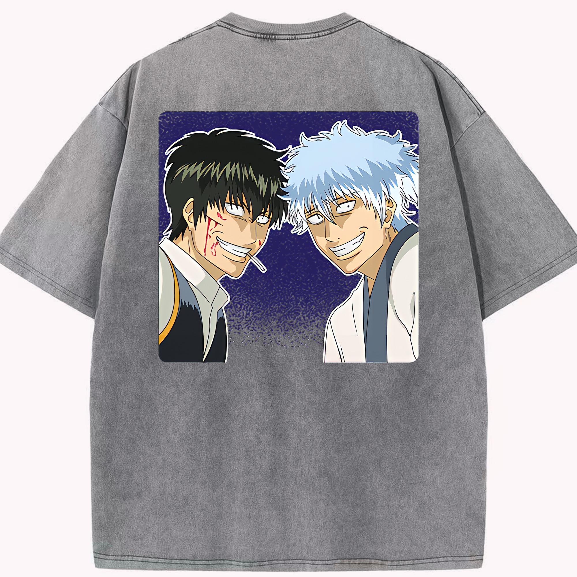 （画像用） ぎんたま 坂田銀時（さかたぎんとき） 神楽 志村新八（しむら しんぱち） GINTAMA Sakata Gintoki Kagura Shimura Shinpachi 綿100% ヴィンテージ風 半袖Tシャツ（背面プリント）
