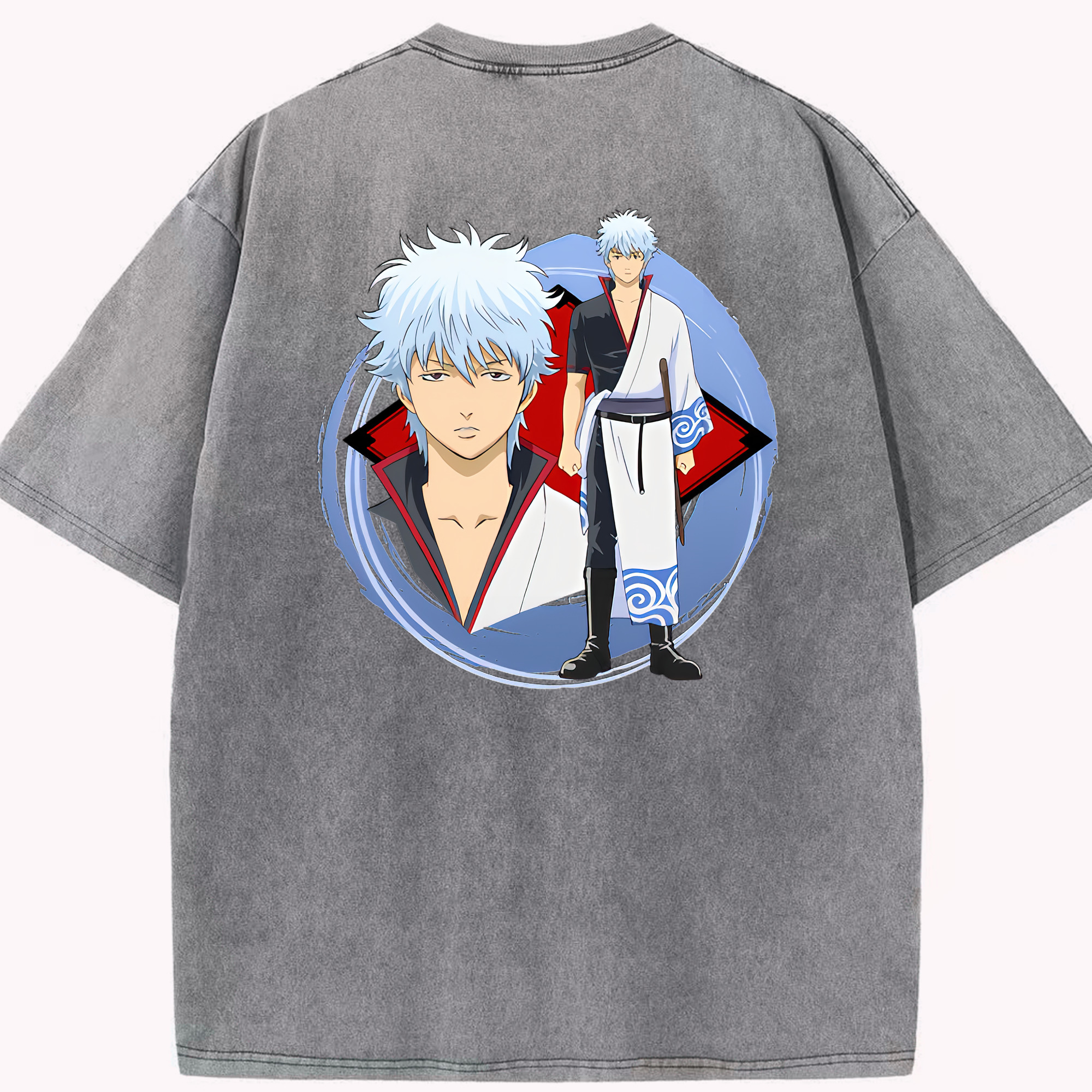 （画像用） ぎんたま 坂田銀時（さかたぎんとき） 神楽 志村新八（しむら しんぱち） GINTAMA Sakata Gintoki Kagura Shimura Shinpachi 綿100% ヴィンテージ風 半袖Tシャツ（背面プリント）