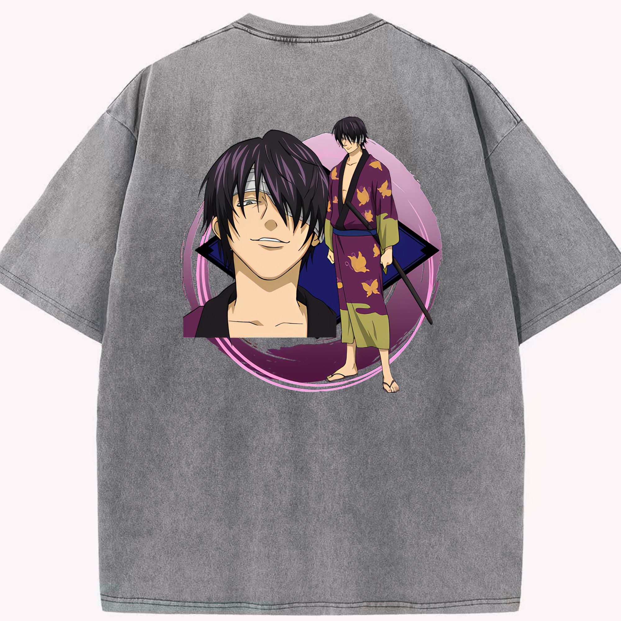 （画像用） ぎんたま 坂田銀時（さかたぎんとき） 神楽 志村新八（しむら しんぱち） GINTAMA Sakata Gintoki Kagura Shimura Shinpachi 綿100% ヴィンテージ風 半袖Tシャツ（背面プリント）