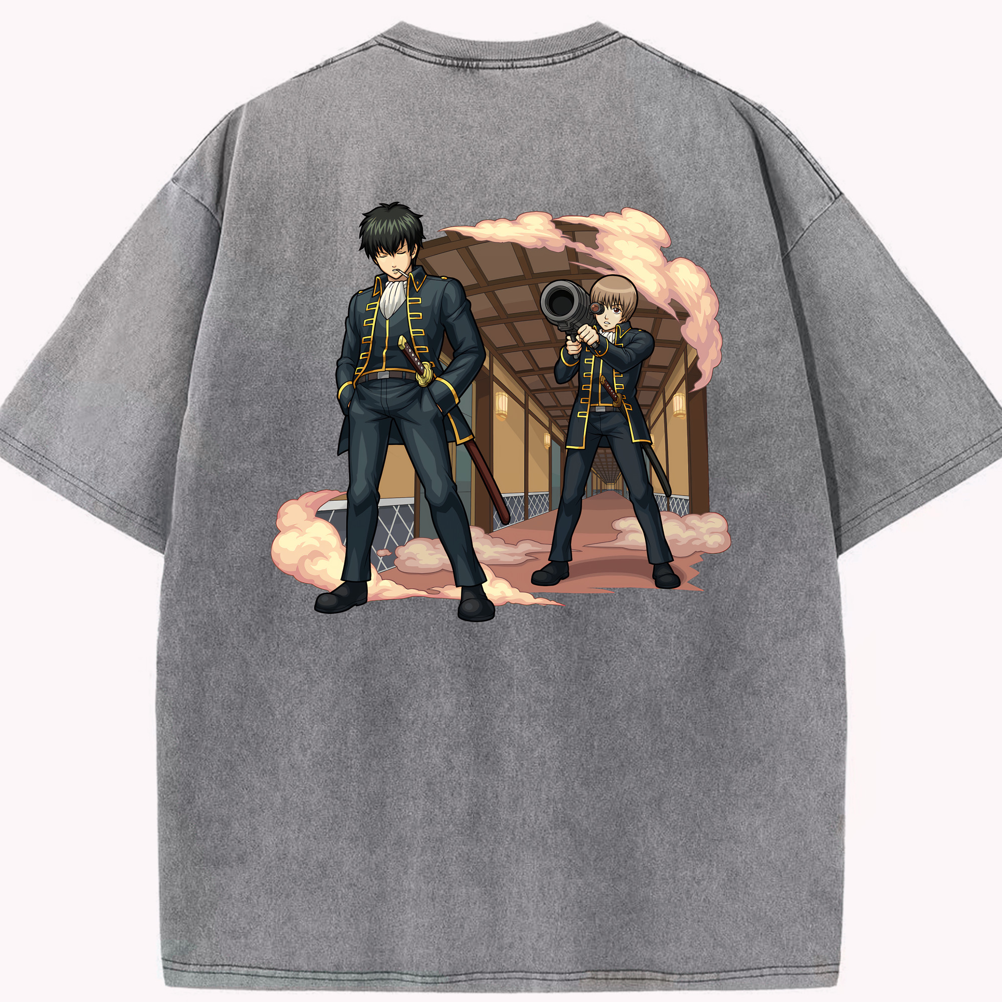 （画像用） ぎんたま 坂田銀時（さかたぎんとき） 神楽 志村新八（しむら しんぱち） GINTAMA Sakata Gintoki Kagura Shimura Shinpachi 綿100% ヴィンテージ風 半袖Tシャツ（背面プリント）
