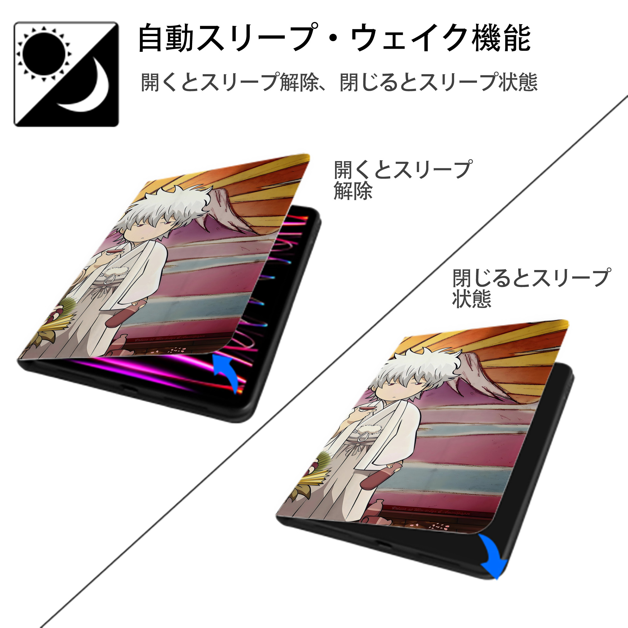 ぎんたま 坂田銀時（さかたぎんとき） 神楽 志村新八（しむら しんぱち） GINTAMA Sakata Gintoki Kagura Shimura Shinpachi IPad ケース ブック型 PUレザー TPU 耐衝撃 軽量 薄型 ペン収納なし 全面保護 IPad 各モデル対応