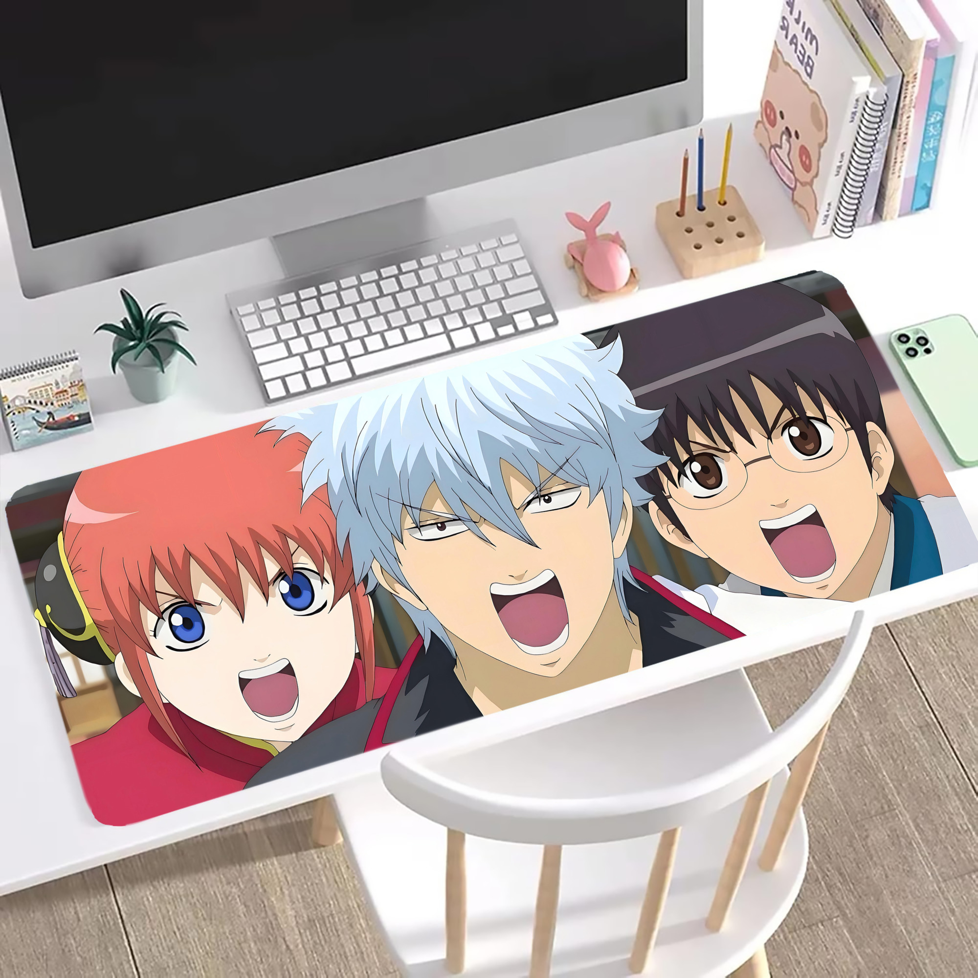 （画像用） ぎんたま 坂田銀時（さかたぎんとき） 神楽 志村新八（しむら しんぱち） GINTAMA Sakata Gintoki Kagura Shimura Shinpachi ステッチ加工 大判デスクマット／滑り止めマウスパッド