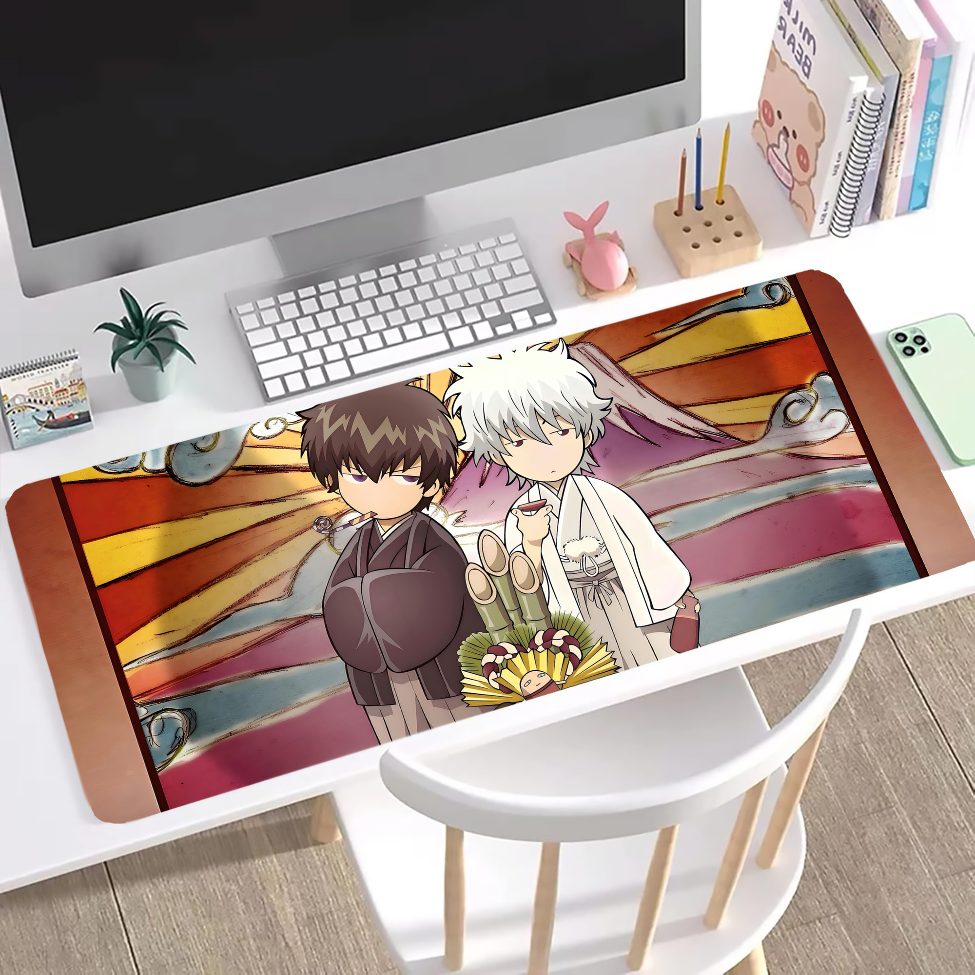 （画像用） ぎんたま 坂田銀時（さかたぎんとき） 神楽 志村新八（しむら しんぱち） GINTAMA Sakata Gintoki Kagura Shimura Shinpachi ステッチ加工 大判デスクマット／滑り止めマウスパッド