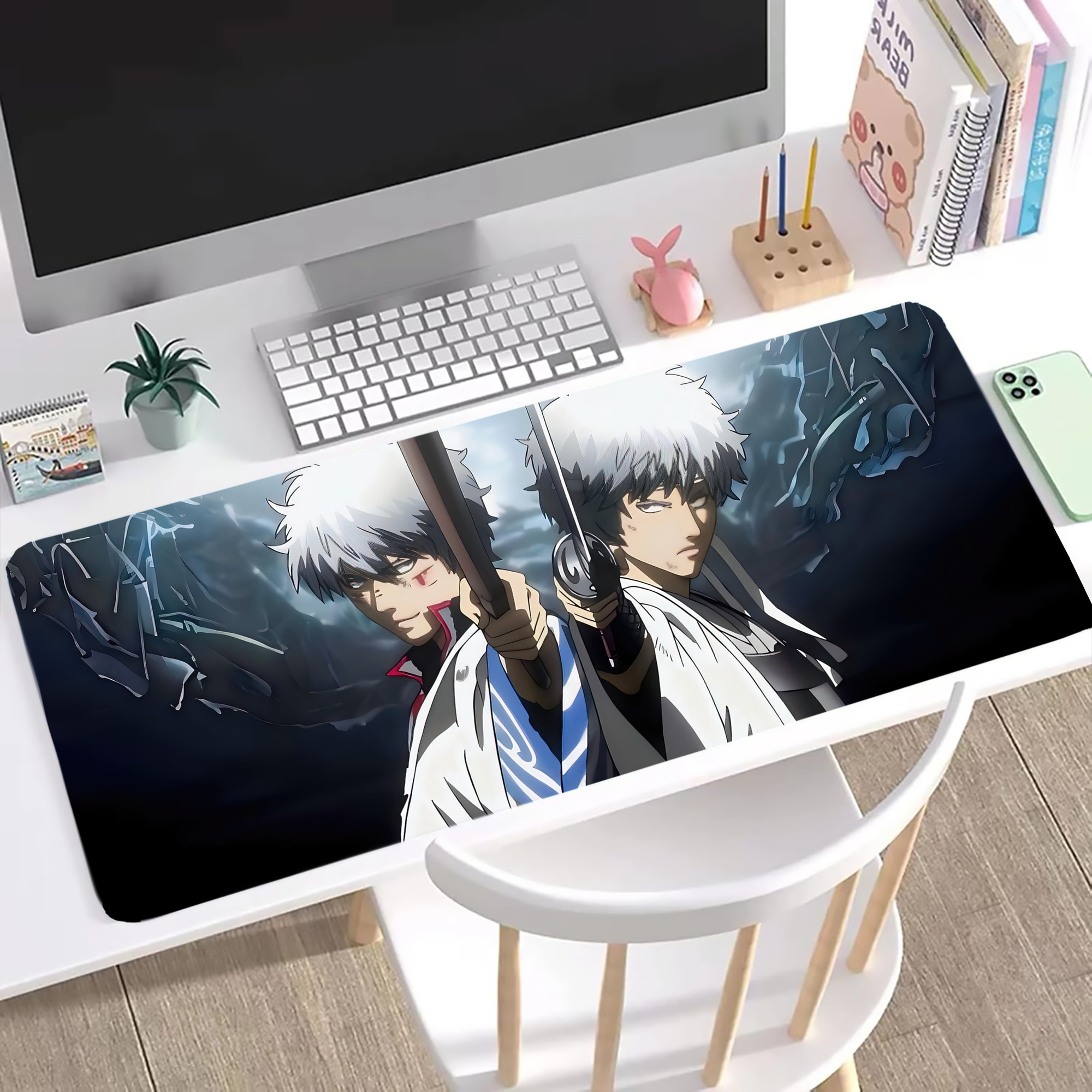 （画像用） ぎんたま 坂田銀時（さかたぎんとき） 神楽 志村新八（しむら しんぱち） GINTAMA Sakata Gintoki Kagura Shimura Shinpachi ステッチ加工 大判デスクマット／滑り止めマウスパッド