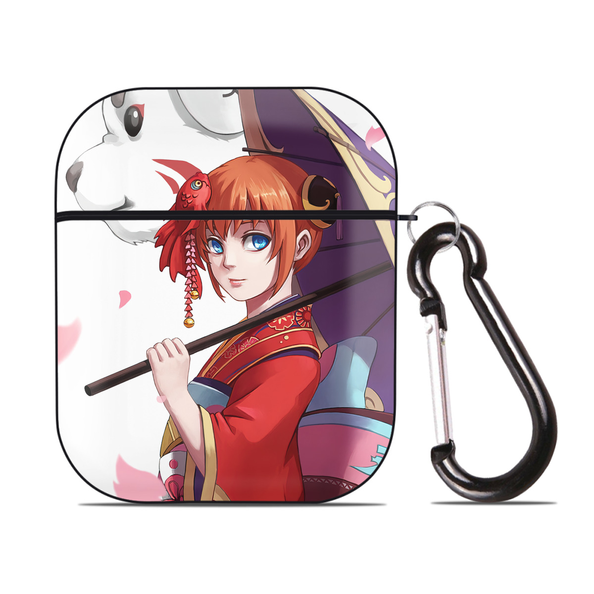 （画像用） ぎんたま 坂田銀時（さかたぎんとき） 神楽 志村新八（しむら しんぱち） GINTAMA Sakata Gintoki Kagura Shimura Shinpachi AirPods 第2世代保護ケース ハードシェル ブラック 耐衝撃・防指紋・カラビナ付き