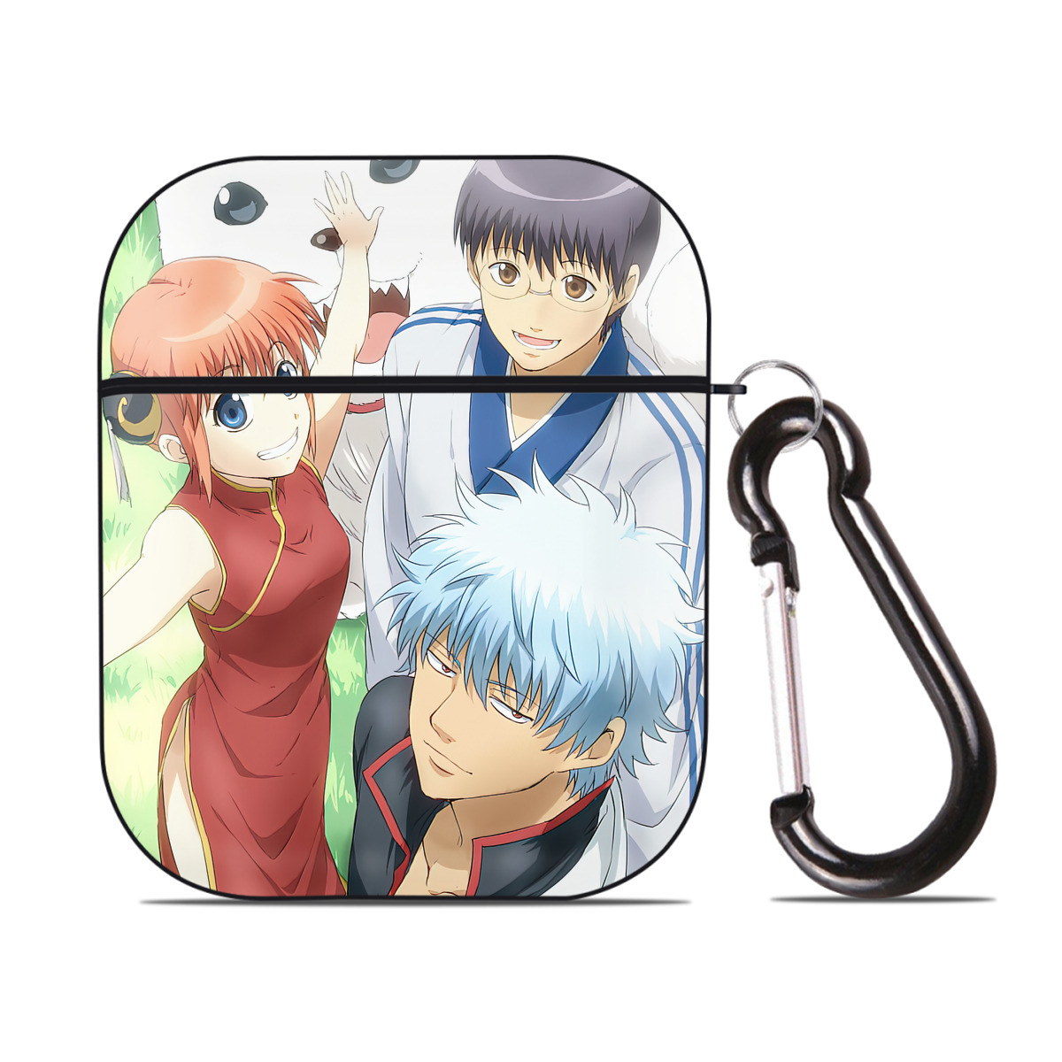 （画像用） ぎんたま 坂田銀時（さかたぎんとき） 神楽 志村新八（しむら しんぱち） GINTAMA Sakata Gintoki Kagura Shimura Shinpachi AirPods 第2世代保護ケース ハードシェル ブラック 耐衝撃・防指紋・カラビナ付き