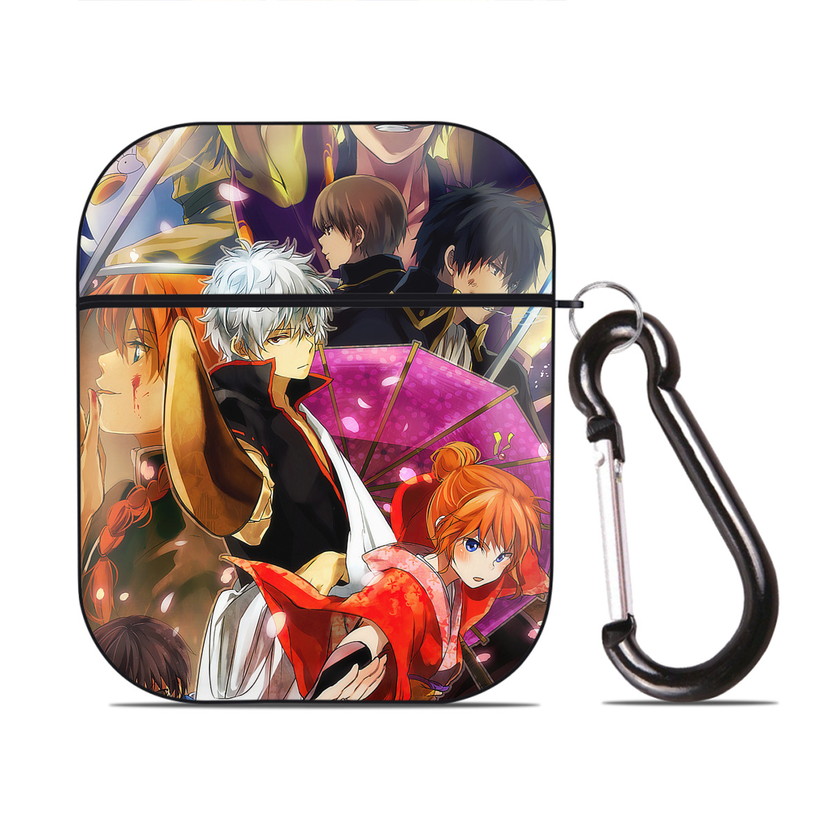 （画像用） ぎんたま 坂田銀時（さかたぎんとき） 神楽 志村新八（しむら しんぱち） GINTAMA Sakata Gintoki Kagura Shimura Shinpachi AirPods 第2世代保護ケース ハードシェル ブラック 耐衝撃・防指紋・カラビナ付き