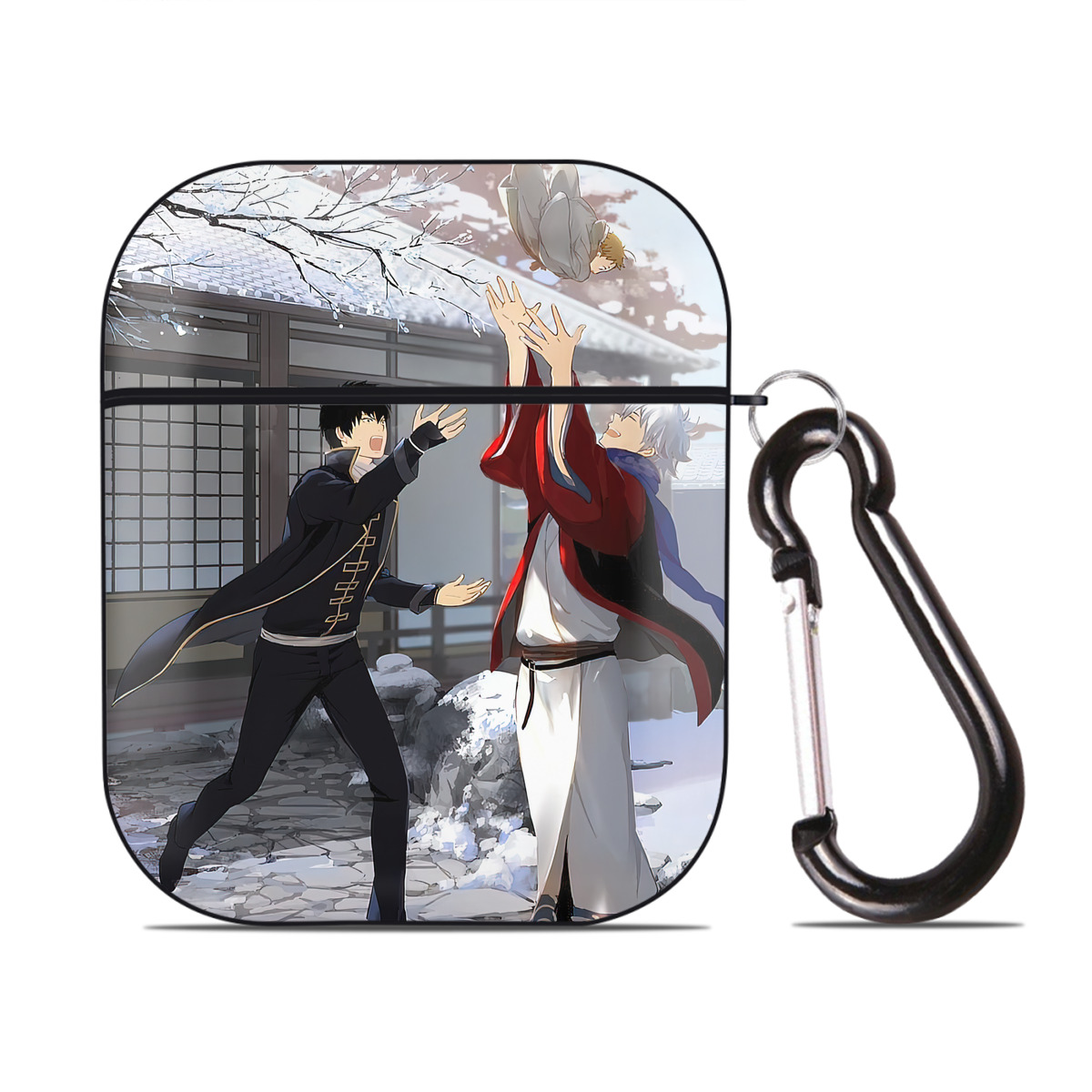 （画像用） ぎんたま 坂田銀時（さかたぎんとき） 神楽 志村新八（しむら しんぱち） GINTAMA Sakata Gintoki Kagura Shimura Shinpachi AirPods 第2世代保護ケース ハードシェル ブラック 耐衝撃・防指紋・カラビナ付き