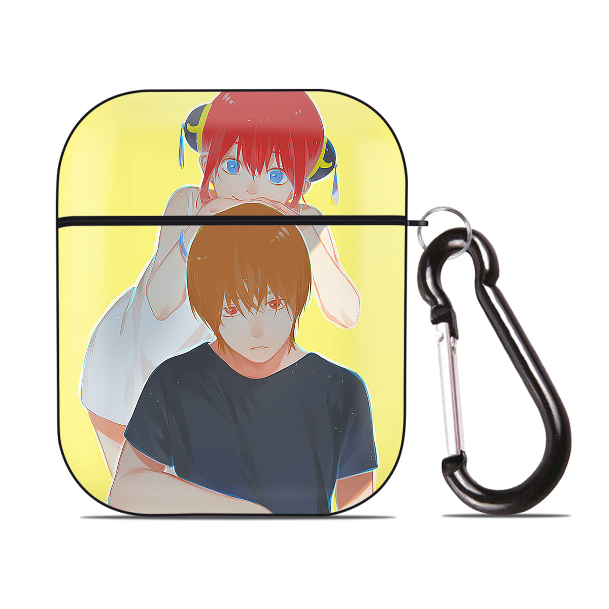 （画像用） ぎんたま 坂田銀時（さかたぎんとき） 神楽 志村新八（しむら しんぱち） GINTAMA Sakata Gintoki Kagura Shimura Shinpachi AirPods 第2世代保護ケース ハードシェル ブラック 耐衝撃・防指紋・カラビナ付き