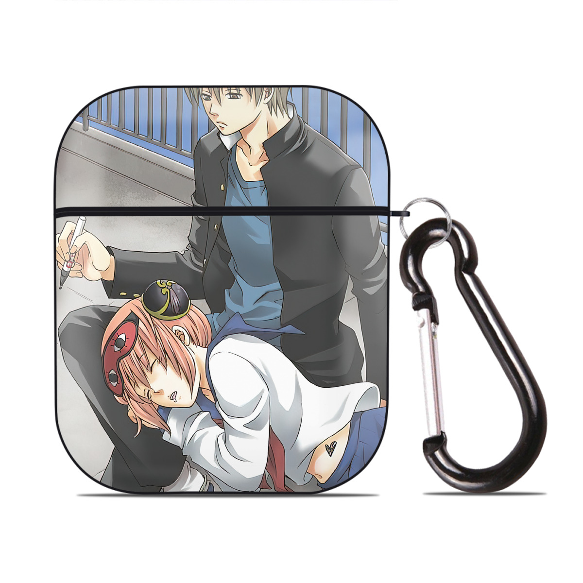 （画像用） ぎんたま 坂田銀時（さかたぎんとき） 神楽 志村新八（しむら しんぱち） GINTAMA Sakata Gintoki Kagura Shimura Shinpachi AirPods 第2世代保護ケース ハードシェル ブラック 耐衝撃・防指紋・カラビナ付き