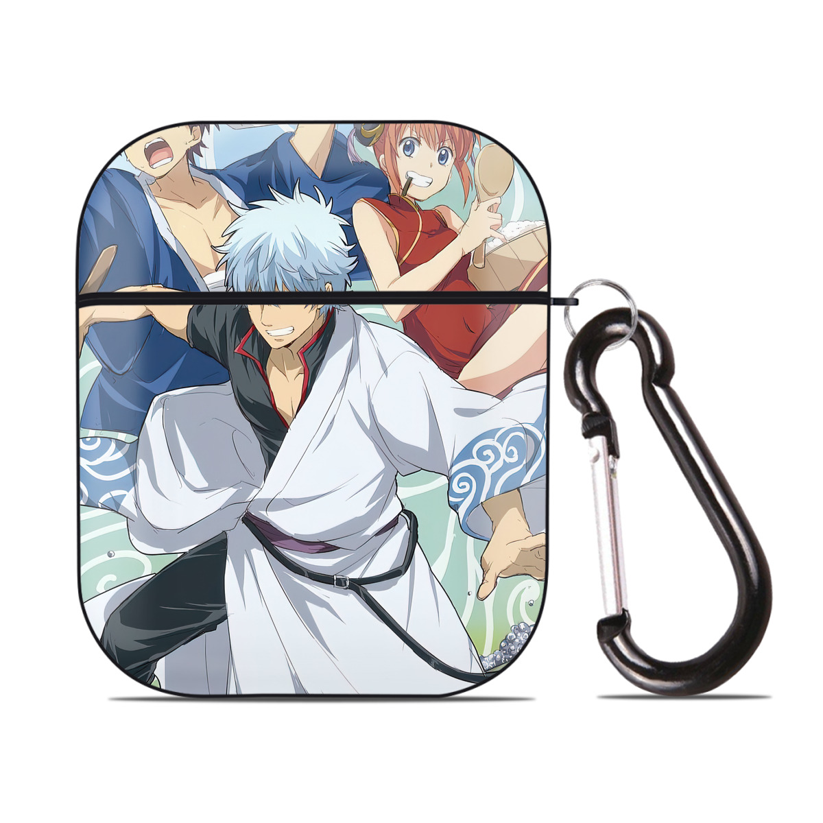 （画像用） ぎんたま 坂田銀時（さかたぎんとき） 神楽 志村新八（しむら しんぱち） GINTAMA Sakata Gintoki Kagura Shimura Shinpachi AirPods 第2世代保護ケース ハードシェル ブラック 耐衝撃・防指紋・カラビナ付き