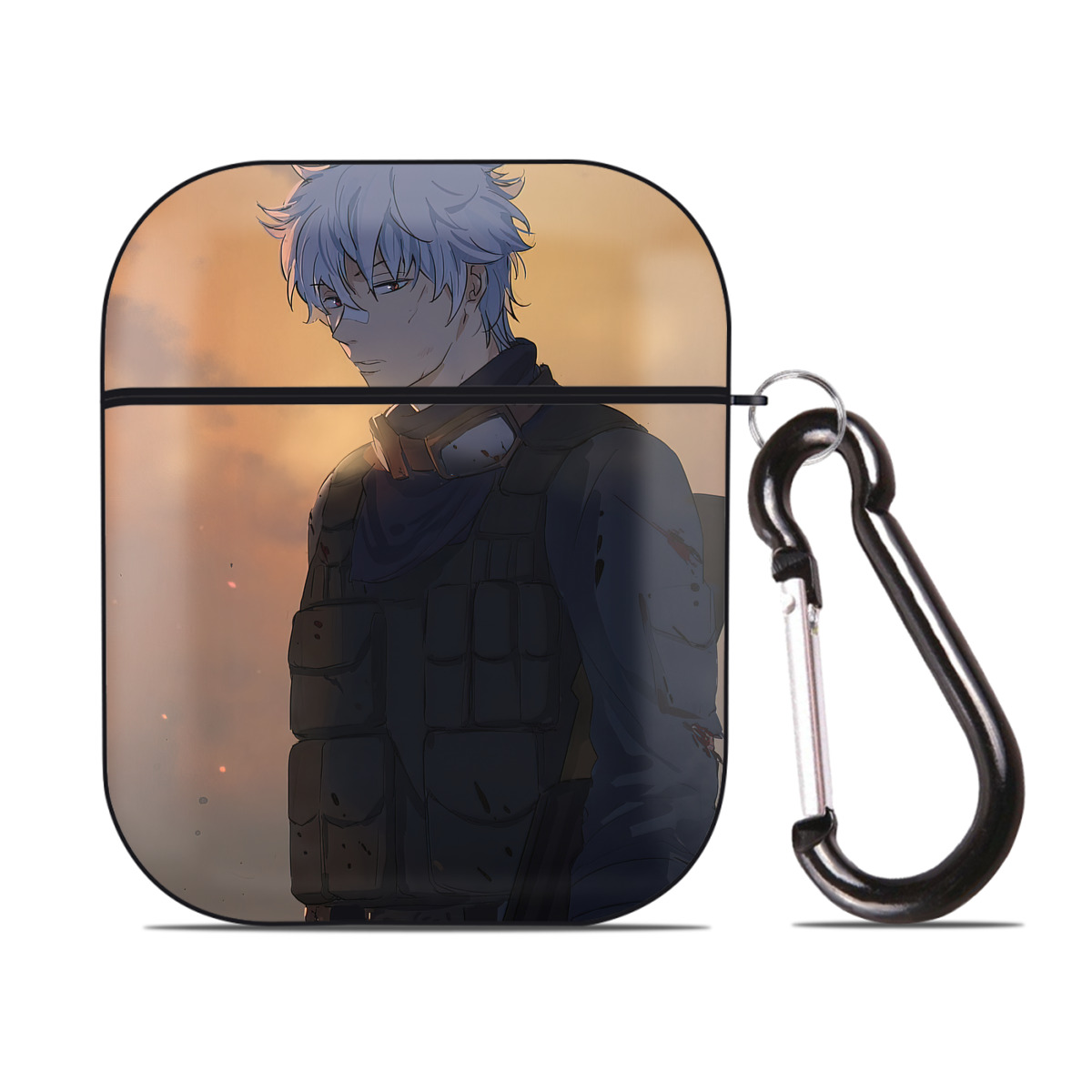 （画像用） ぎんたま 坂田銀時（さかたぎんとき） 神楽 志村新八（しむら しんぱち） GINTAMA Sakata Gintoki Kagura Shimura Shinpachi AirPods 第2世代保護ケース ハードシェル ブラック 耐衝撃・防指紋・カラビナ付き