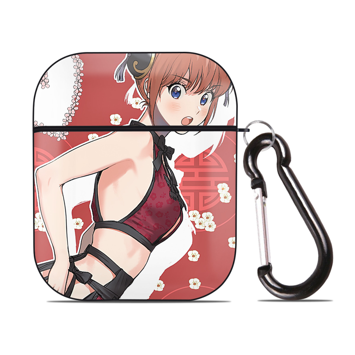 （画像用） ぎんたま 坂田銀時（さかたぎんとき） 神楽 志村新八（しむら しんぱち） GINTAMA Sakata Gintoki Kagura Shimura Shinpachi AirPods 第2世代保護ケース ハードシェル ブラック 耐衝撃・防指紋・カラビナ付き