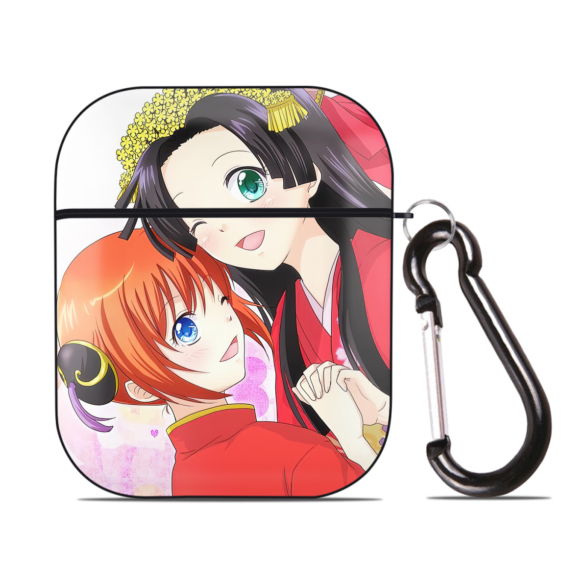（画像用） ぎんたま 坂田銀時（さかたぎんとき） 神楽 志村新八（しむら しんぱち） GINTAMA Sakata Gintoki Kagura Shimura Shinpachi AirPods 第2世代保護ケース ハードシェル ブラック 耐衝撃・防指紋・カラビナ付き