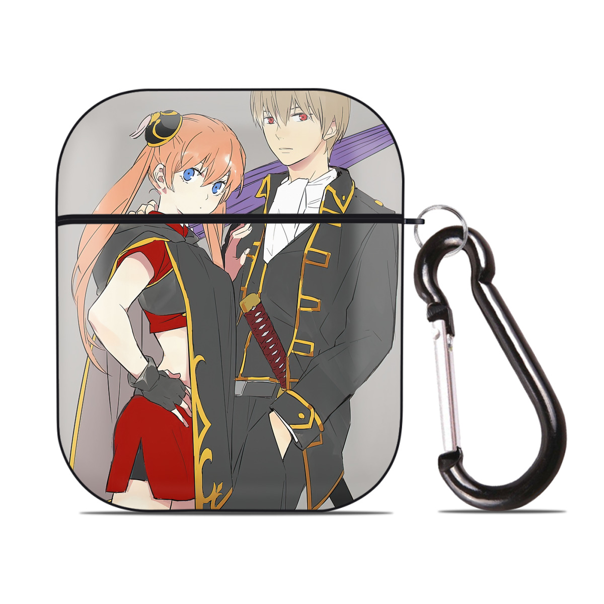 （画像用） ぎんたま 坂田銀時（さかたぎんとき） 神楽 志村新八（しむら しんぱち） GINTAMA Sakata Gintoki Kagura Shimura Shinpachi AirPods 第2世代保護ケース ハードシェル ブラック 耐衝撃・防指紋・カラビナ付き