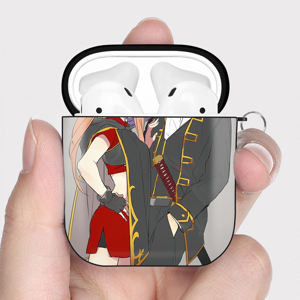 （画像用） ぎんたま 坂田銀時（さかたぎんとき） 神楽 志村新八（しむら しんぱち） GINTAMA Sakata Gintoki Kagura Shimura Shinpachi AirPods 第2世代保護ケース ハードシェル ブラック 耐衝撃・防指紋・カラビナ付き