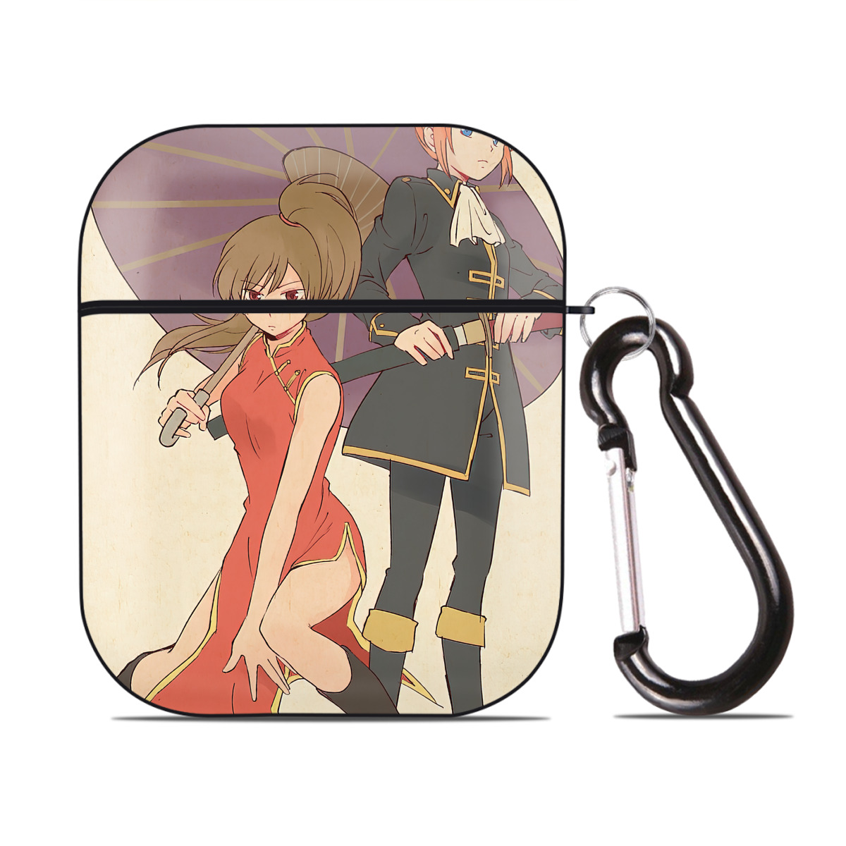 （画像用） ぎんたま 坂田銀時（さかたぎんとき） 神楽 志村新八（しむら しんぱち） GINTAMA Sakata Gintoki Kagura Shimura Shinpachi AirPods 第2世代保護ケース ハードシェル ブラック 耐衝撃・防指紋・カラビナ付き