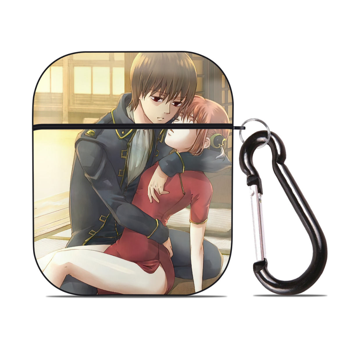 （画像用） ぎんたま 坂田銀時（さかたぎんとき） 神楽 志村新八（しむら しんぱち） GINTAMA Sakata Gintoki Kagura Shimura Shinpachi AirPods 第2世代保護ケース ハードシェル ブラック 耐衝撃・防指紋・カラビナ付き