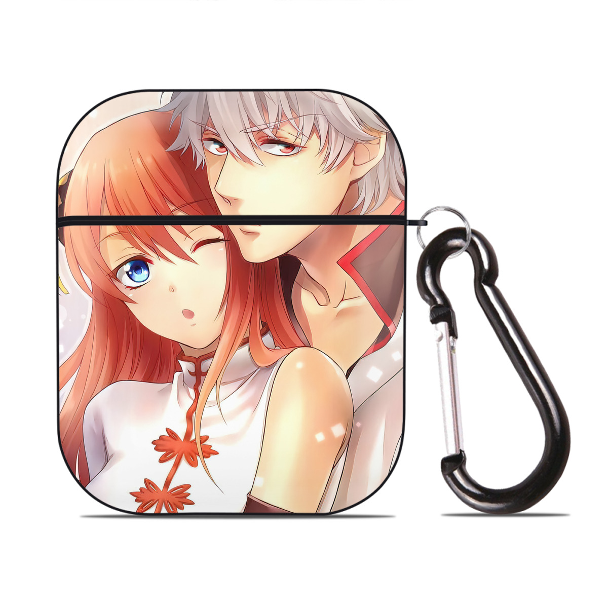 （画像用） ぎんたま 坂田銀時（さかたぎんとき） 神楽 志村新八（しむら しんぱち） GINTAMA Sakata Gintoki Kagura Shimura Shinpachi AirPods 第2世代保護ケース ハードシェル ブラック 耐衝撃・防指紋・カラビナ付き