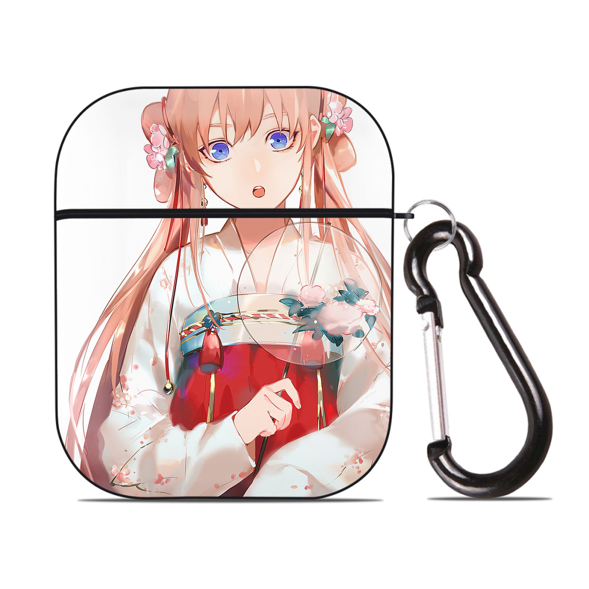 （画像用） ぎんたま 坂田銀時（さかたぎんとき） 神楽 志村新八（しむら しんぱち） GINTAMA Sakata Gintoki Kagura Shimura Shinpachi AirPods 第2世代保護ケース ハードシェル ブラック 耐衝撃・防指紋・カラビナ付き