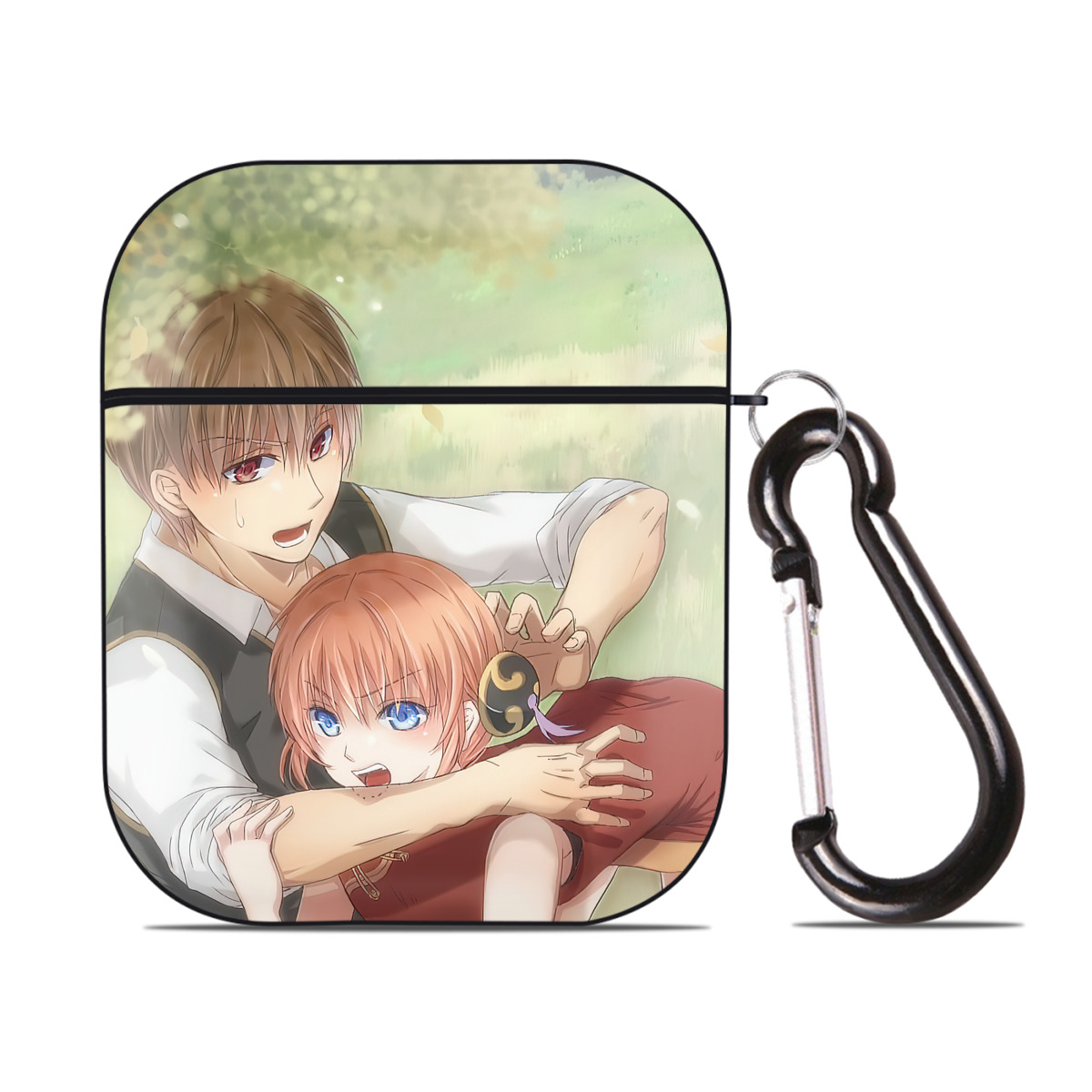 （画像用） ぎんたま 坂田銀時（さかたぎんとき） 神楽 志村新八（しむら しんぱち） GINTAMA Sakata Gintoki Kagura Shimura Shinpachi AirPods 第2世代保護ケース ハードシェル ブラック 耐衝撃・防指紋・カラビナ付き