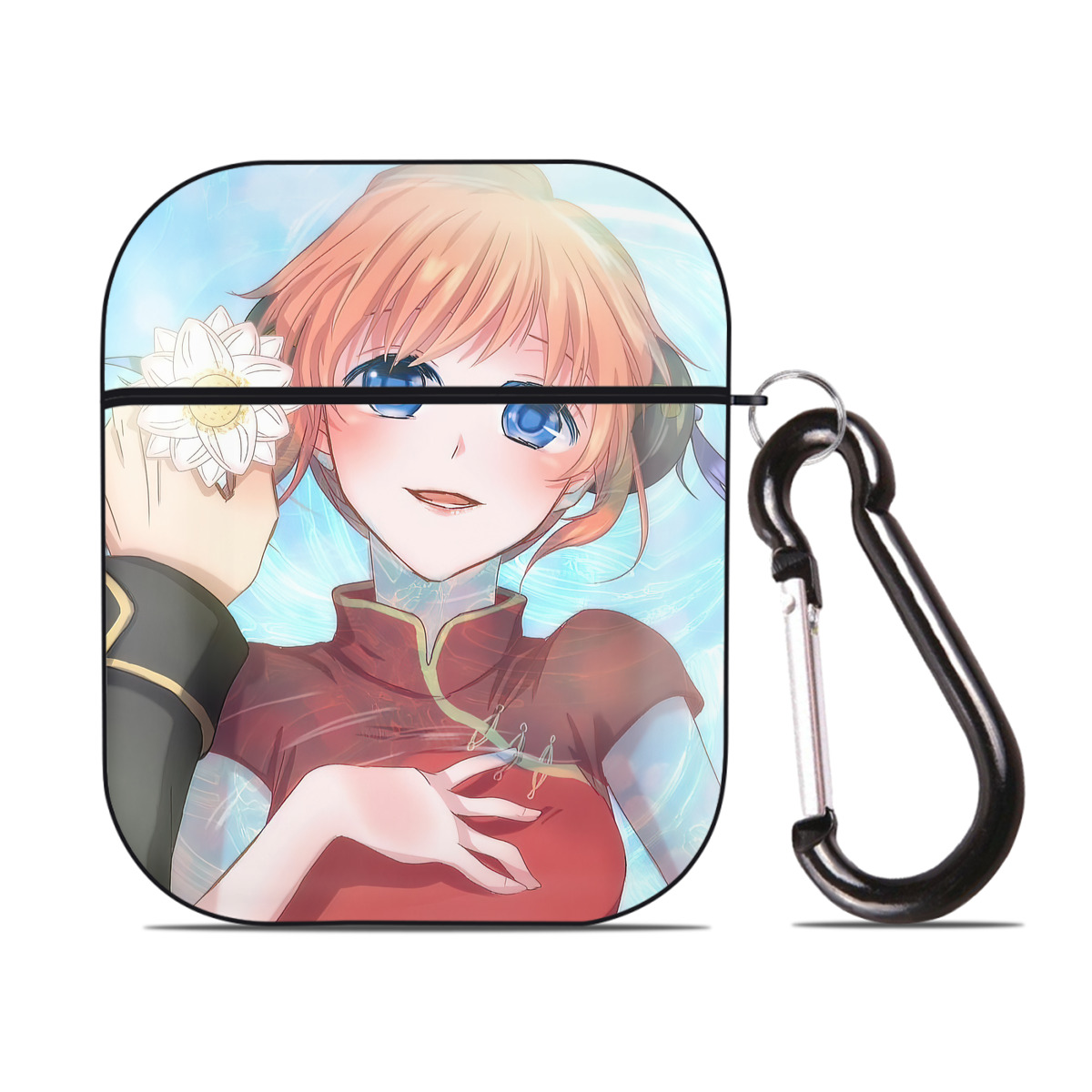 （画像用） ぎんたま 坂田銀時（さかたぎんとき） 神楽 志村新八（しむら しんぱち） GINTAMA Sakata Gintoki Kagura Shimura Shinpachi AirPods 第2世代保護ケース ハードシェル ブラック 耐衝撃・防指紋・カラビナ付き