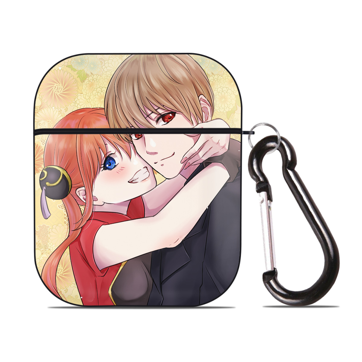 （画像用） ぎんたま 坂田銀時（さかたぎんとき） 神楽 志村新八（しむら しんぱち） GINTAMA Sakata Gintoki Kagura Shimura Shinpachi AirPods 第2世代保護ケース ハードシェル ブラック 耐衝撃・防指紋・カラビナ付き