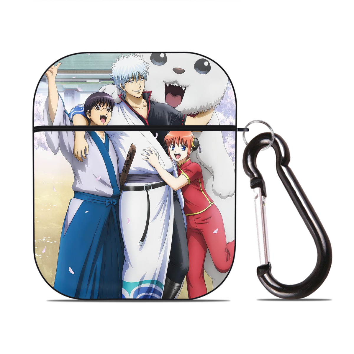 （画像用） ぎんたま 坂田銀時（さかたぎんとき） 神楽 志村新八（しむら しんぱち） GINTAMA Sakata Gintoki Kagura Shimura Shinpachi AirPods 第2世代保護ケース ハードシェル ブラック 耐衝撃・防指紋・カラビナ付き