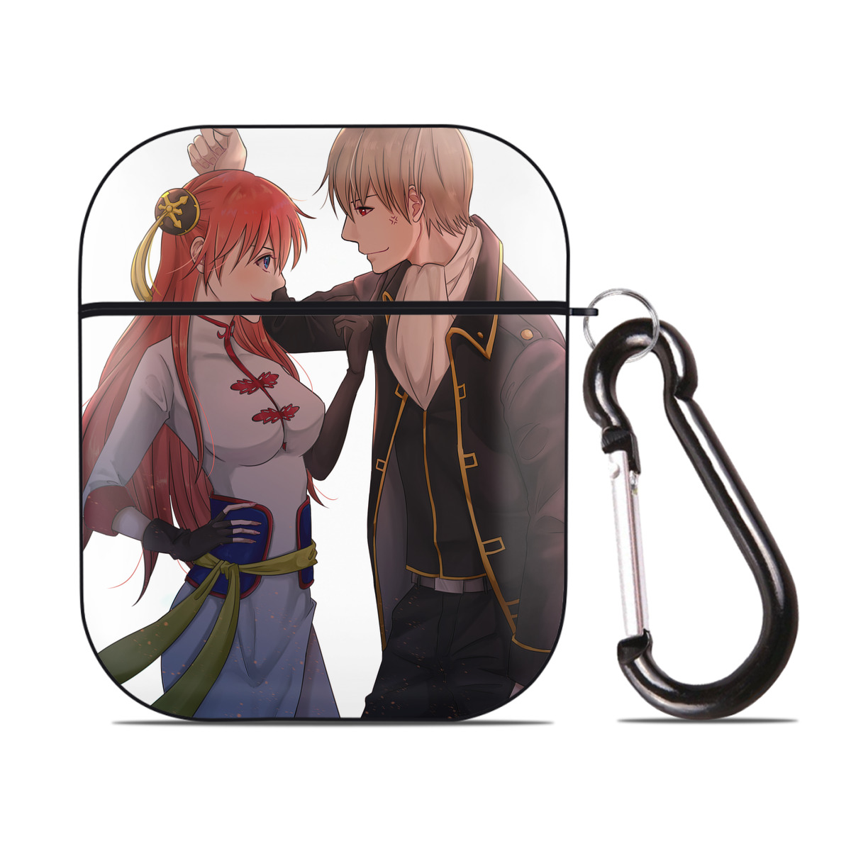 （画像用） ぎんたま 坂田銀時（さかたぎんとき） 神楽 志村新八（しむら しんぱち） GINTAMA Sakata Gintoki Kagura Shimura Shinpachi AirPods 第2世代保護ケース ハードシェル ブラック 耐衝撃・防指紋・カラビナ付き