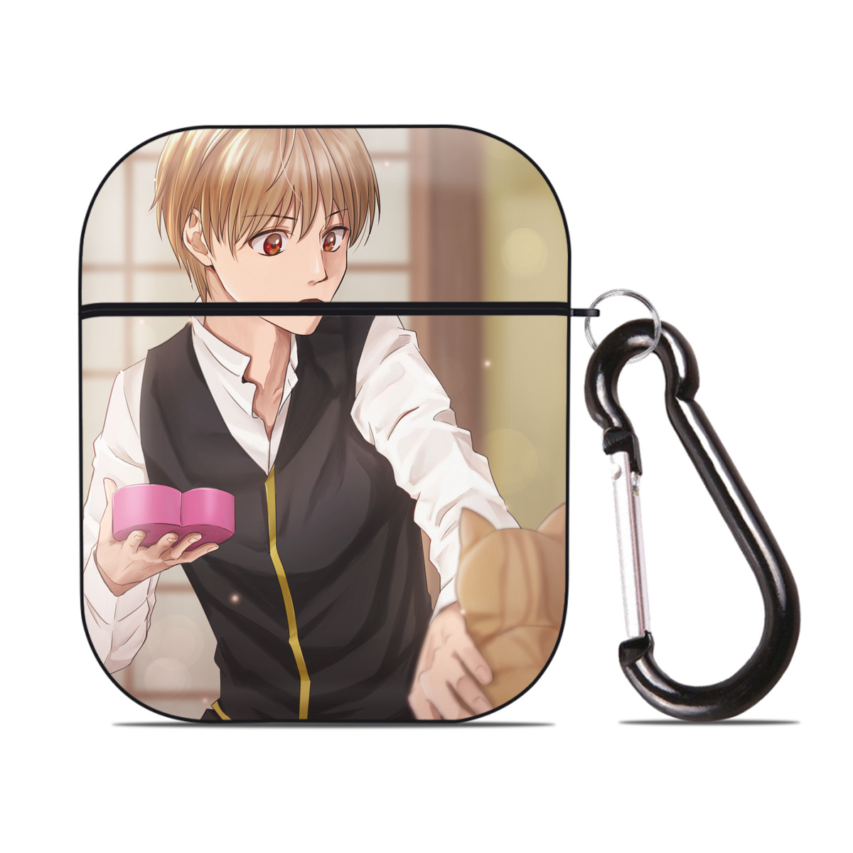 （画像用） ぎんたま 坂田銀時（さかたぎんとき） 神楽 志村新八（しむら しんぱち） GINTAMA Sakata Gintoki Kagura Shimura Shinpachi AirPods 第2世代保護ケース ハードシェル ブラック 耐衝撃・防指紋・カラビナ付き