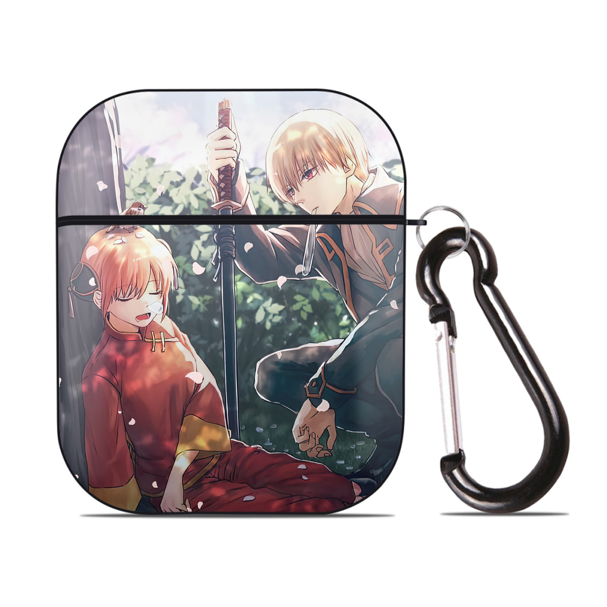 （画像用） ぎんたま 坂田銀時（さかたぎんとき） 神楽 志村新八（しむら しんぱち） GINTAMA Sakata Gintoki Kagura Shimura Shinpachi AirPods 第2世代保護ケース ハードシェル ブラック 耐衝撃・防指紋・カラビナ付き