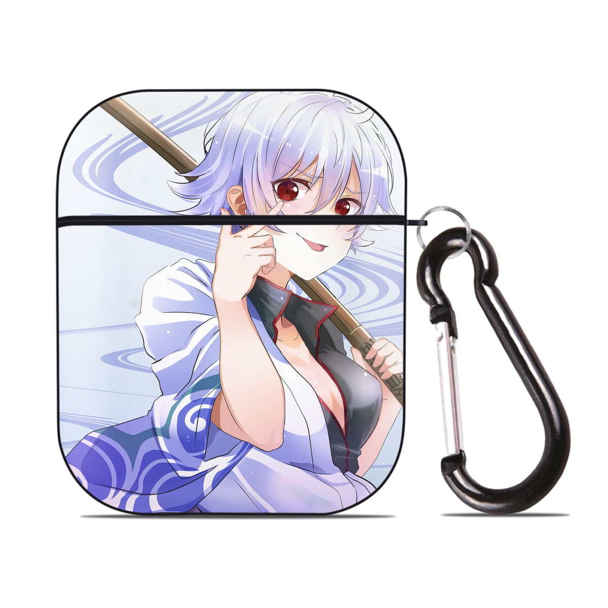 （画像用） ぎんたま 坂田銀時（さかたぎんとき） 神楽 志村新八（しむら しんぱち） GINTAMA Sakata Gintoki Kagura Shimura Shinpachi AirPods 第2世代保護ケース ハードシェル ブラック 耐衝撃・防指紋・カラビナ付き