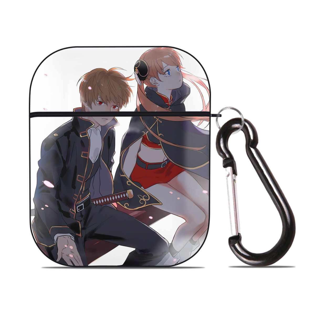 （画像用） ぎんたま 坂田銀時（さかたぎんとき） 神楽 志村新八（しむら しんぱち） GINTAMA Sakata Gintoki Kagura Shimura Shinpachi AirPods 第2世代保護ケース ハードシェル ブラック 耐衝撃・防指紋・カラビナ付き