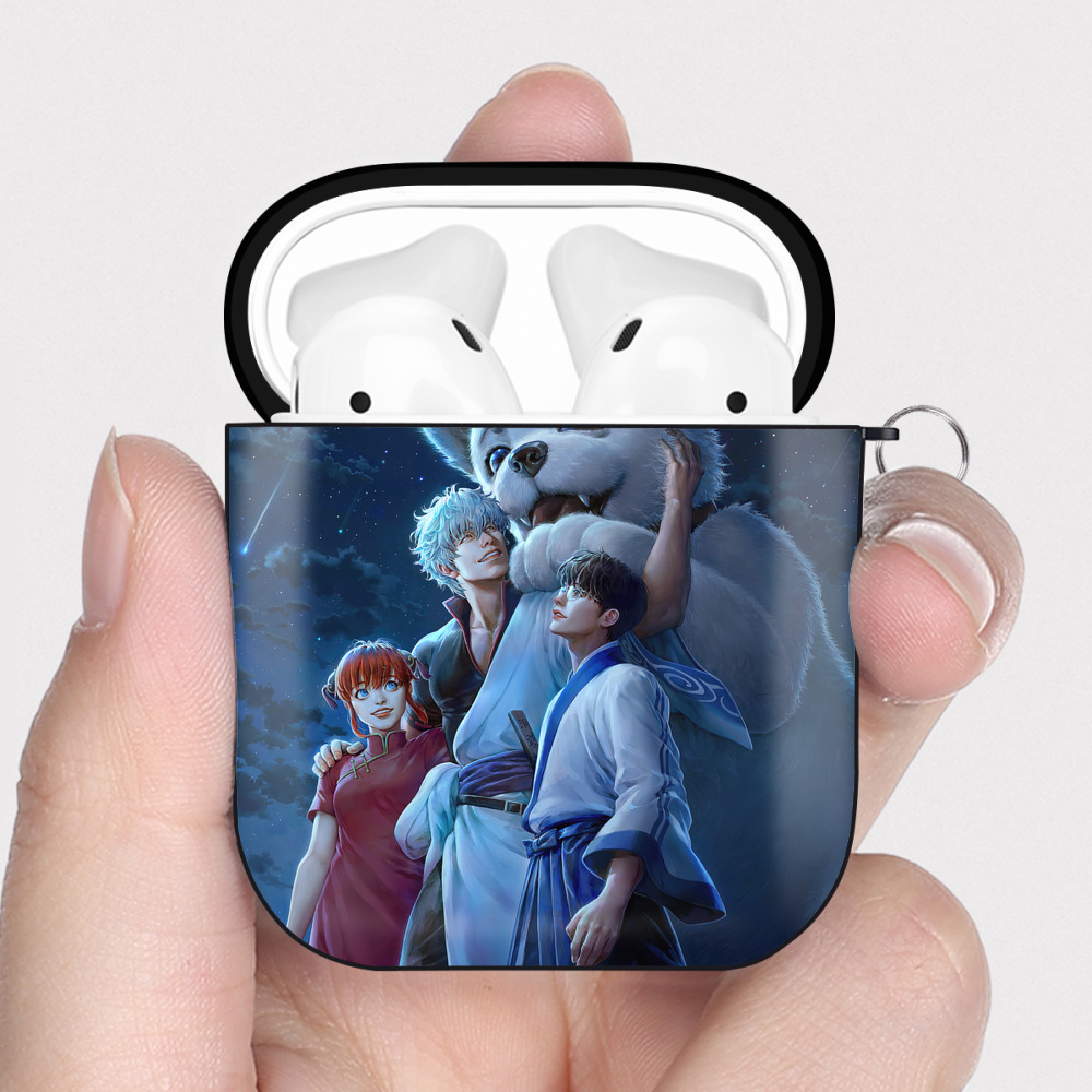（画像用） ぎんたま 坂田銀時（さかたぎんとき） 神楽 志村新八（しむら しんぱち） GINTAMA Sakata Gintoki Kagura Shimura Shinpachi AirPods 第2世代保護ケース ハードシェル ブラック 耐衝撃・防指紋・カラビナ付き