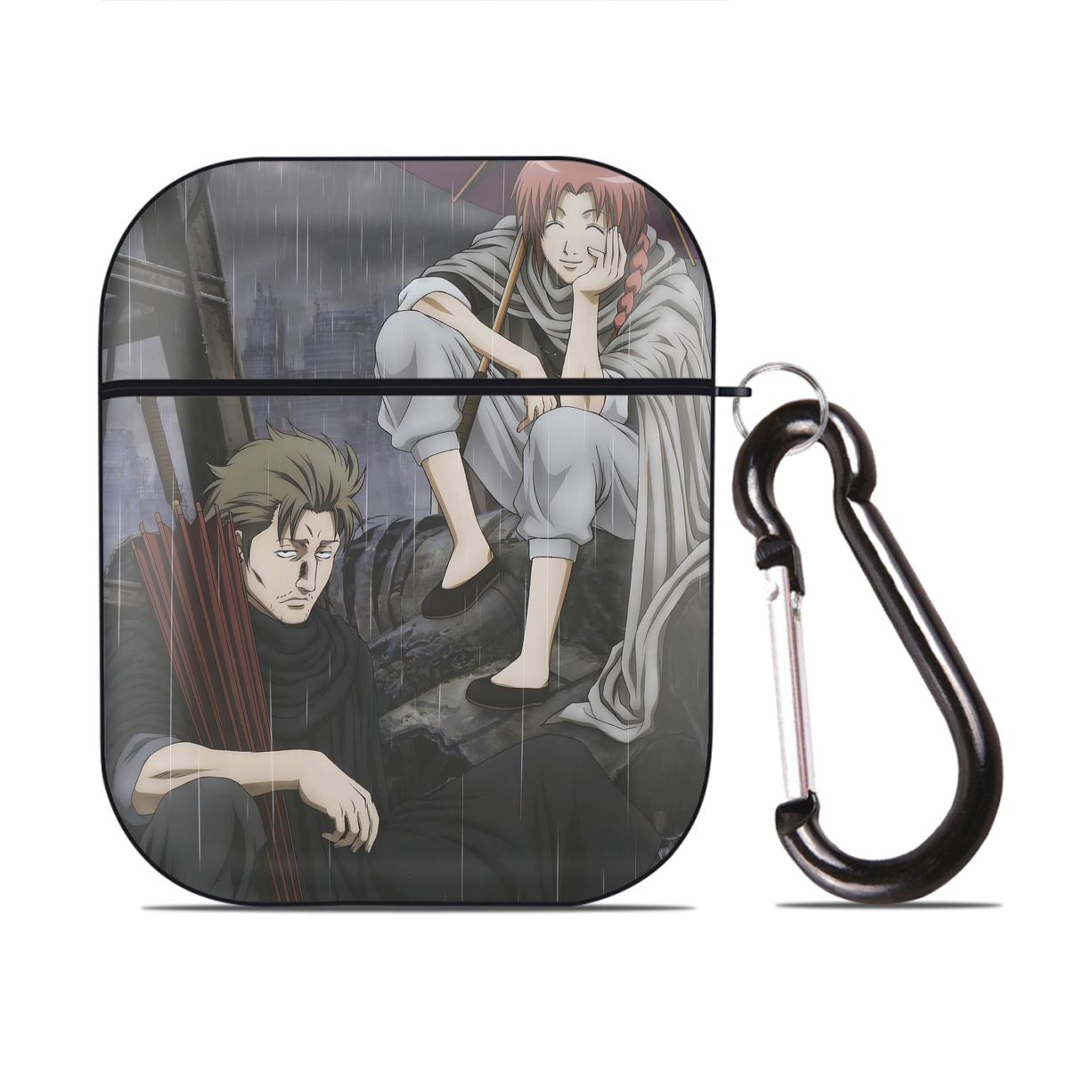 （画像用） ぎんたま 坂田銀時（さかたぎんとき） 神楽 志村新八（しむら しんぱち） GINTAMA Sakata Gintoki Kagura Shimura Shinpachi AirPods 第2世代保護ケース ハードシェル ブラック 耐衝撃・防指紋・カラビナ付き
