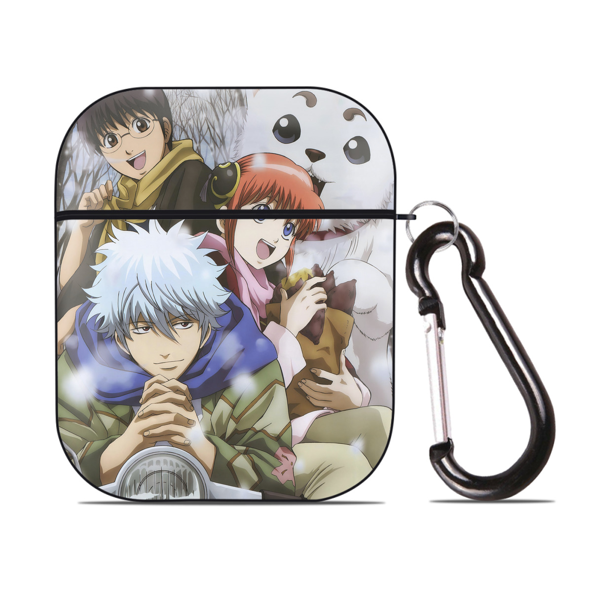 （画像用） ぎんたま 坂田銀時（さかたぎんとき） 神楽 志村新八（しむら しんぱち） GINTAMA Sakata Gintoki Kagura Shimura Shinpachi AirPods 第2世代保護ケース ハードシェル ブラック 耐衝撃・防指紋・カラビナ付き
