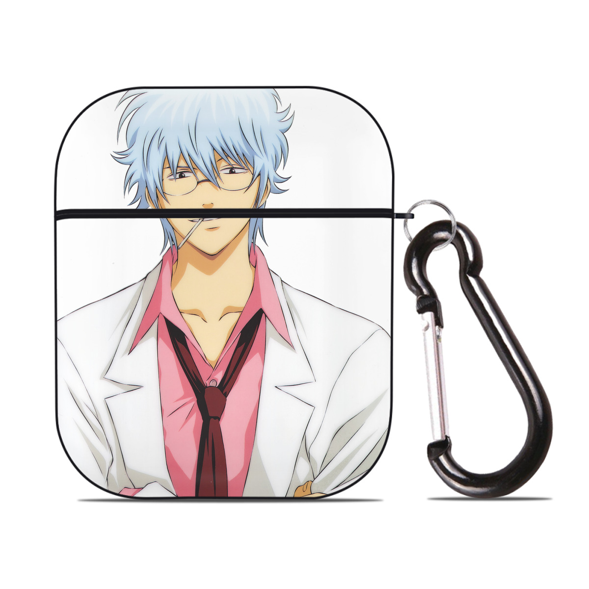 （画像用） ぎんたま 坂田銀時（さかたぎんとき） 神楽 志村新八（しむら しんぱち） GINTAMA Sakata Gintoki Kagura Shimura Shinpachi AirPods 第2世代保護ケース ハードシェル ブラック 耐衝撃・防指紋・カラビナ付き